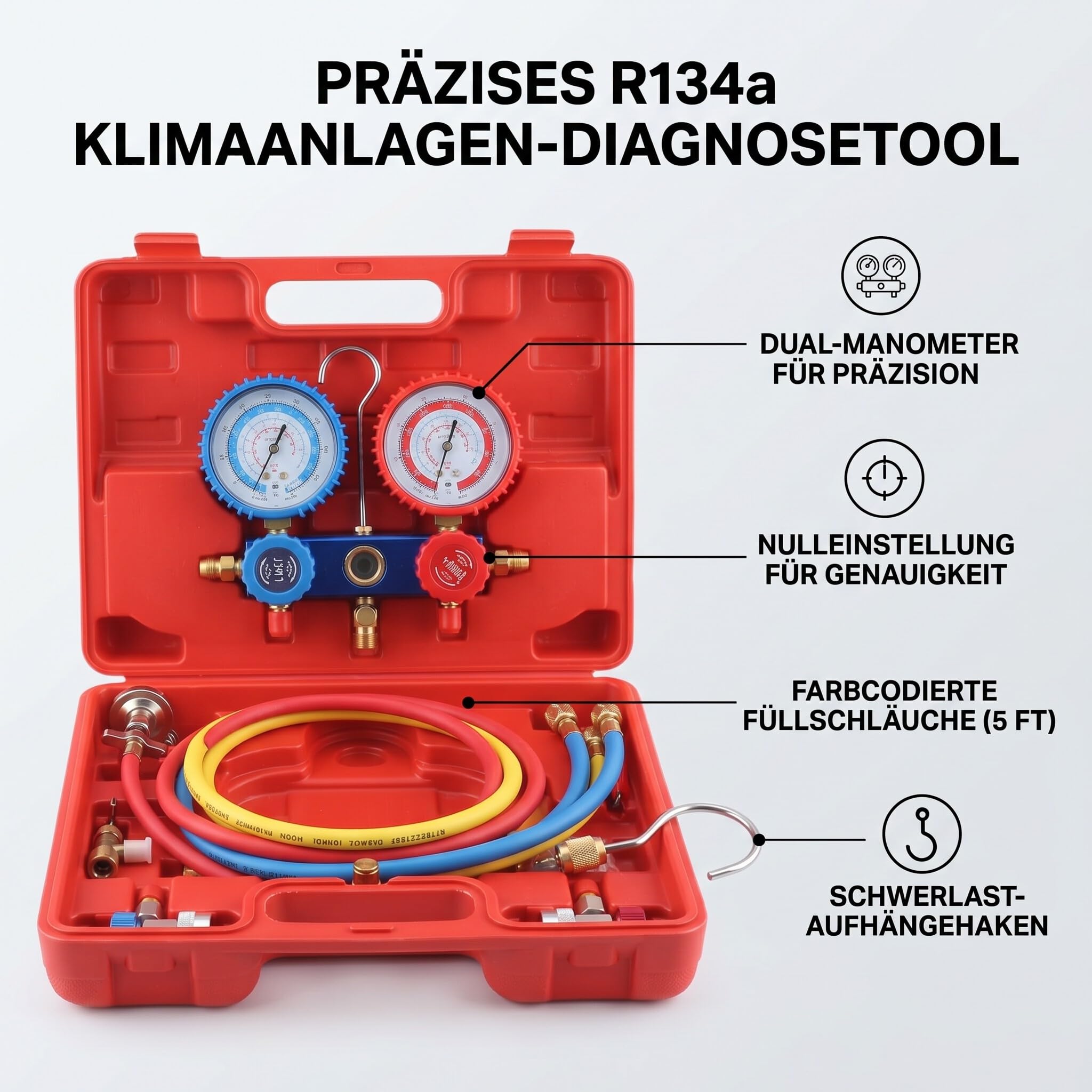Klimaanlage Monteurhilfe R134A Kältemittel-Manifold-Messgerät Set mit 5-Fuß Schlauchset, Schnellkupplung für Split-Systeme