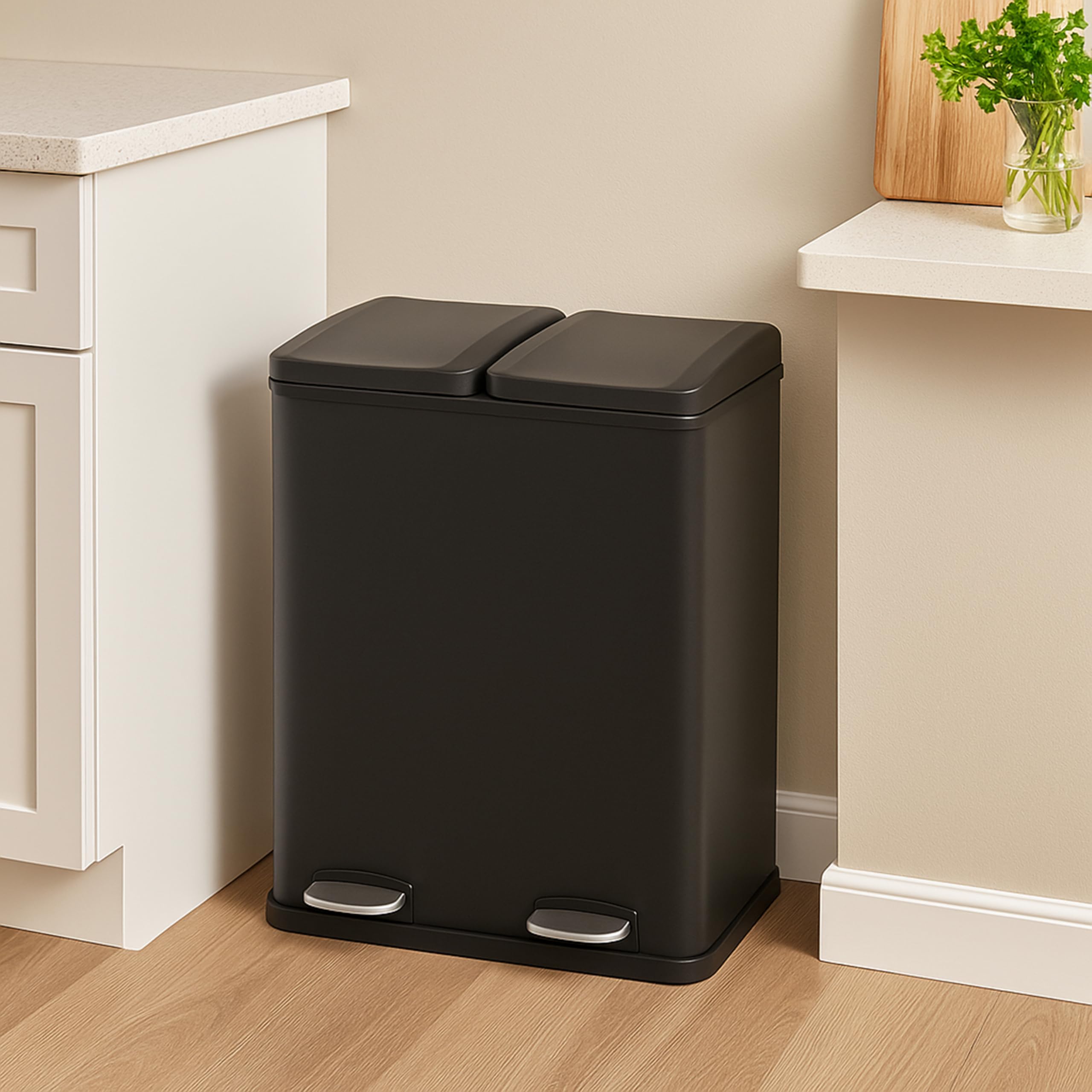 Monster Shop Doppel Tretmülleimer Edelstahl 60 L Mülltrennsystem Mülleimer Papierkorb Abfalleimer Recycling 2 Fächer herausnehmbar Pedal Bin Schwarz
