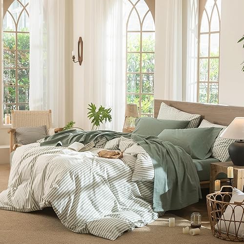 Miniatura 3 de MooMee - Juego de sábanas de 100% algodón lavado, textura parecida al lino, transpirable, duradero, suave y cómodo (color verde jaspeado, tamaño