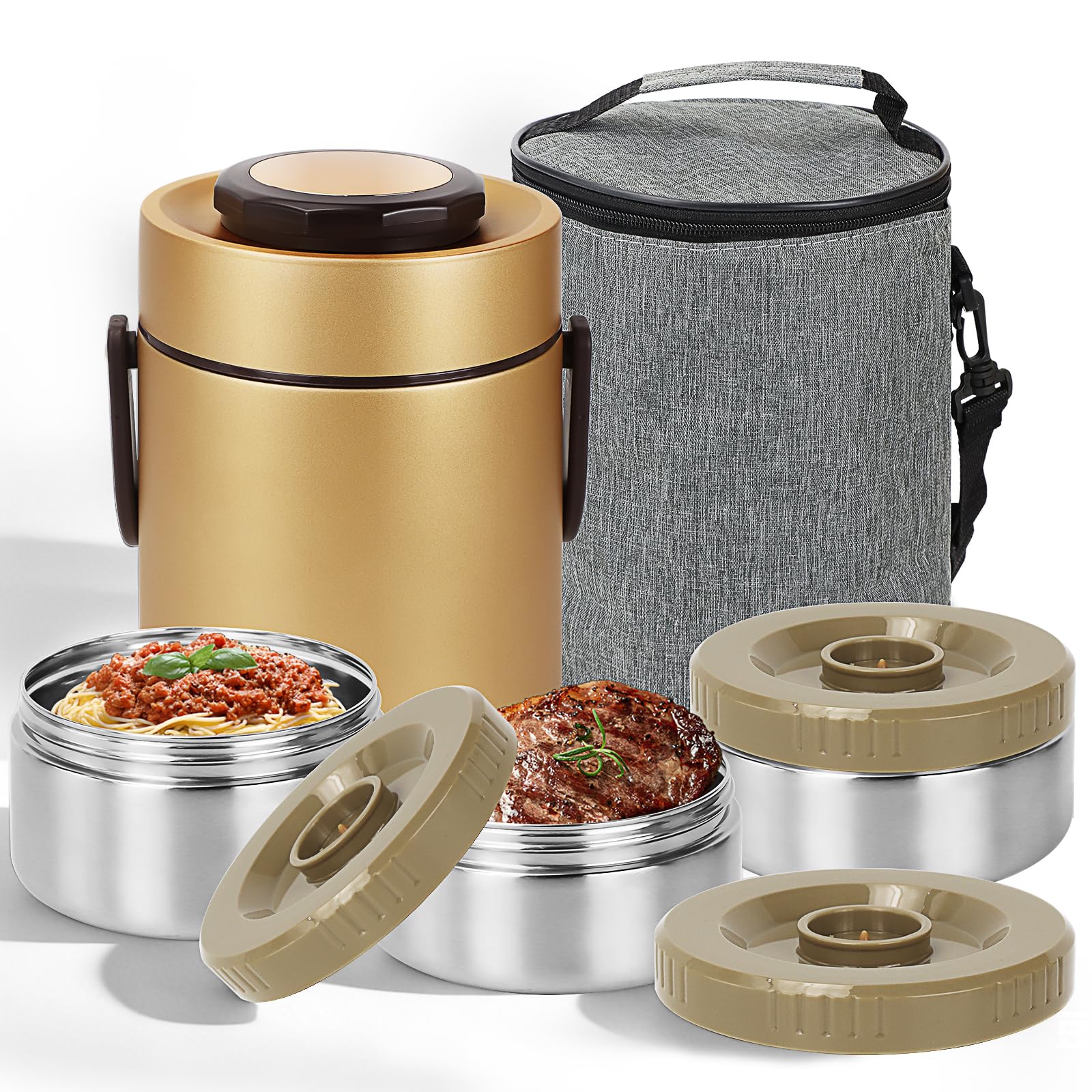 PQHIQ 67oz Adults Thermal Food Flasks for Hot Food, 2L Soup Containers, 3 Layer Stainless Steel Insulated Hot Food Flask, Thermal Lunch Box, Soup Flask, Food Warmer for Men, Women (Gold)