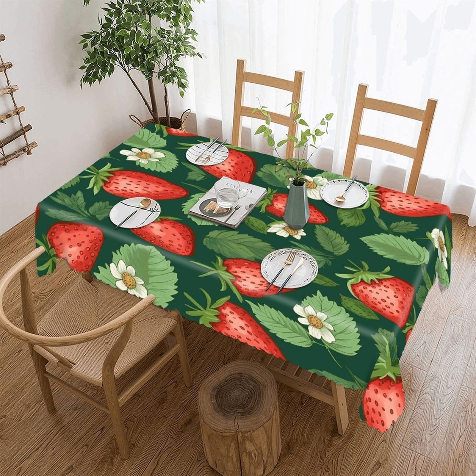 Fekiloot Style Fresh Strawberries And Leaves Tablecloths Heavy Duty Washable Fabric,Birthday Tablecloth-Wavy Edge Design,Polyester Table Cloth For Restaurant,Picnic,Indoor And Outdoor Dining60 X86
