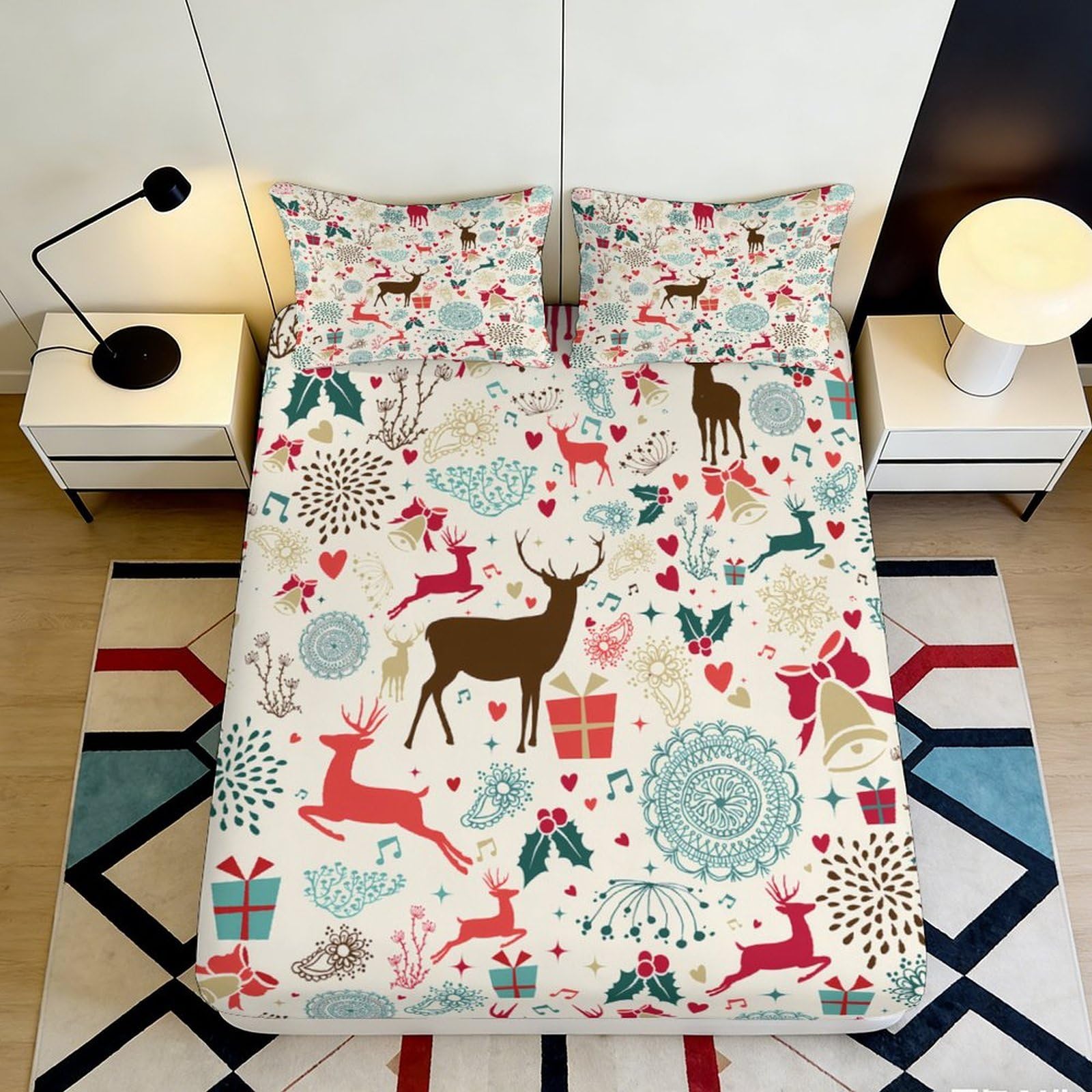 Jqzkxnhpbr Style-6 3D Printed Christmas Reindeer Fitted Sheet Microfiber Soft Festive Snowflake Bed Cover For Bedroom Guest Room Decor 90X200x25cm