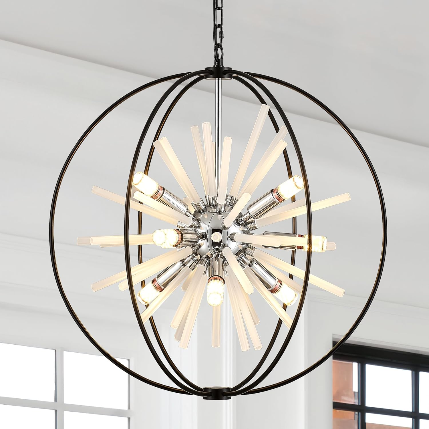 23.6" Black Chrome 12-Light Globe Sputnik Chandelier Modern Adjustable Hanging Ceiling Glass Tube Pendant Light Fixture for Entryway Foyer Staircase Dining Living Room Hallway Black Chrome D23" x H25" 12-Light Glass Tube