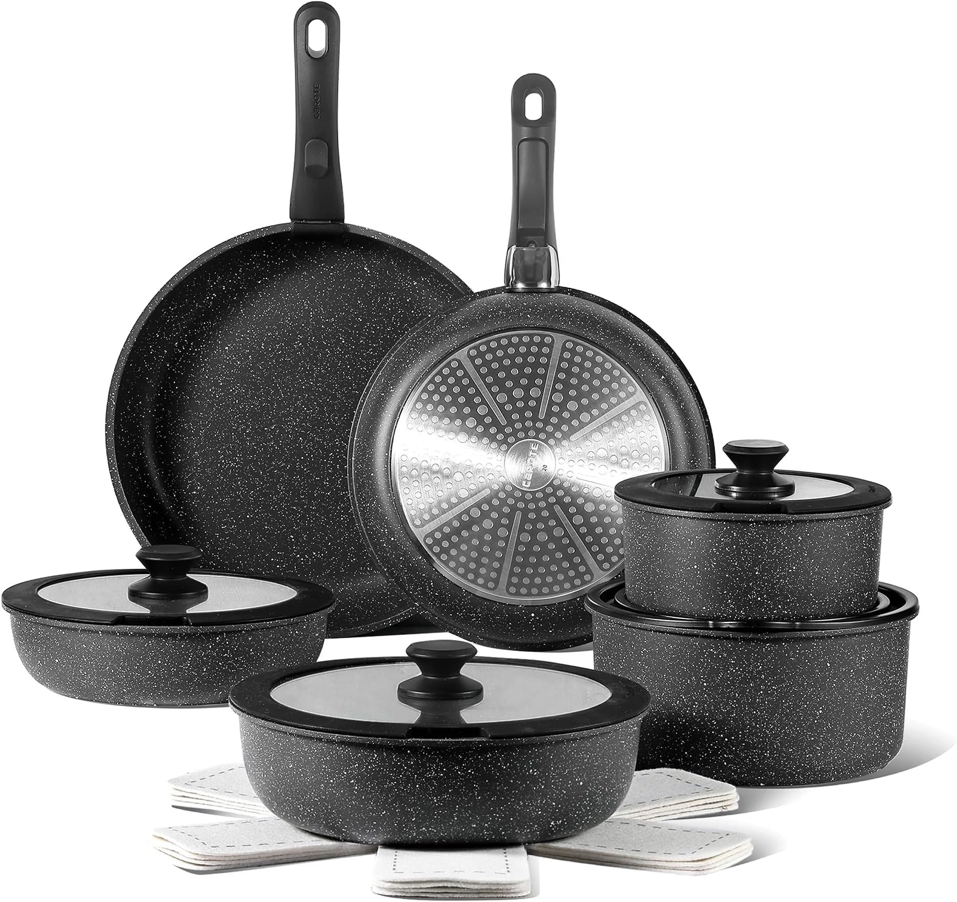 CAROTE 17pcs Pots and Pans Set Detachable Handle, Nonstick Cookware Set with Removable Handle,RV Kitchen Set, Oven Use, Camping Use, Ebony Granite