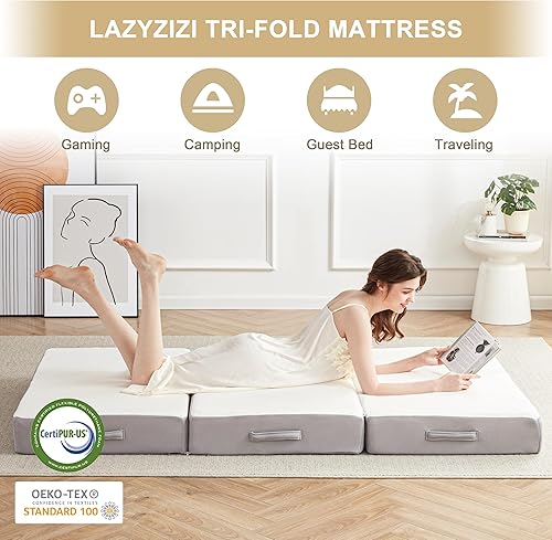 Miniatura 7 de Lazyzizi Colchón plegable de tres pliegues, cama de invitados de espuma viscoelástica de 6 pulgadas con tela de bambú lavable, transpirable,
