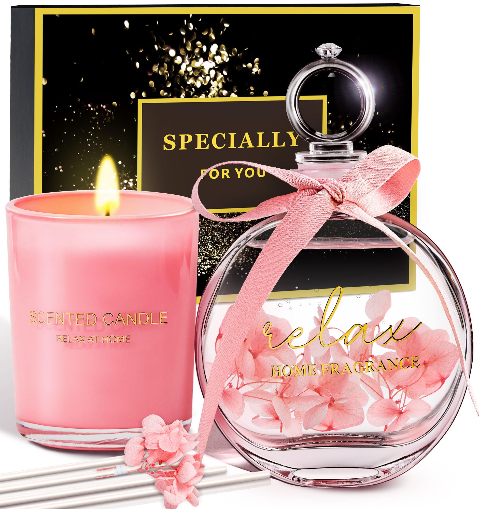 Christmas Stocking Stuffers, Birthday Gifts for Women, Mothers Day Gifts for Mom Daughter, Valentines Gift for Wife Girlfriend, Rose Candle Reed Diffuser Gift Set for Her