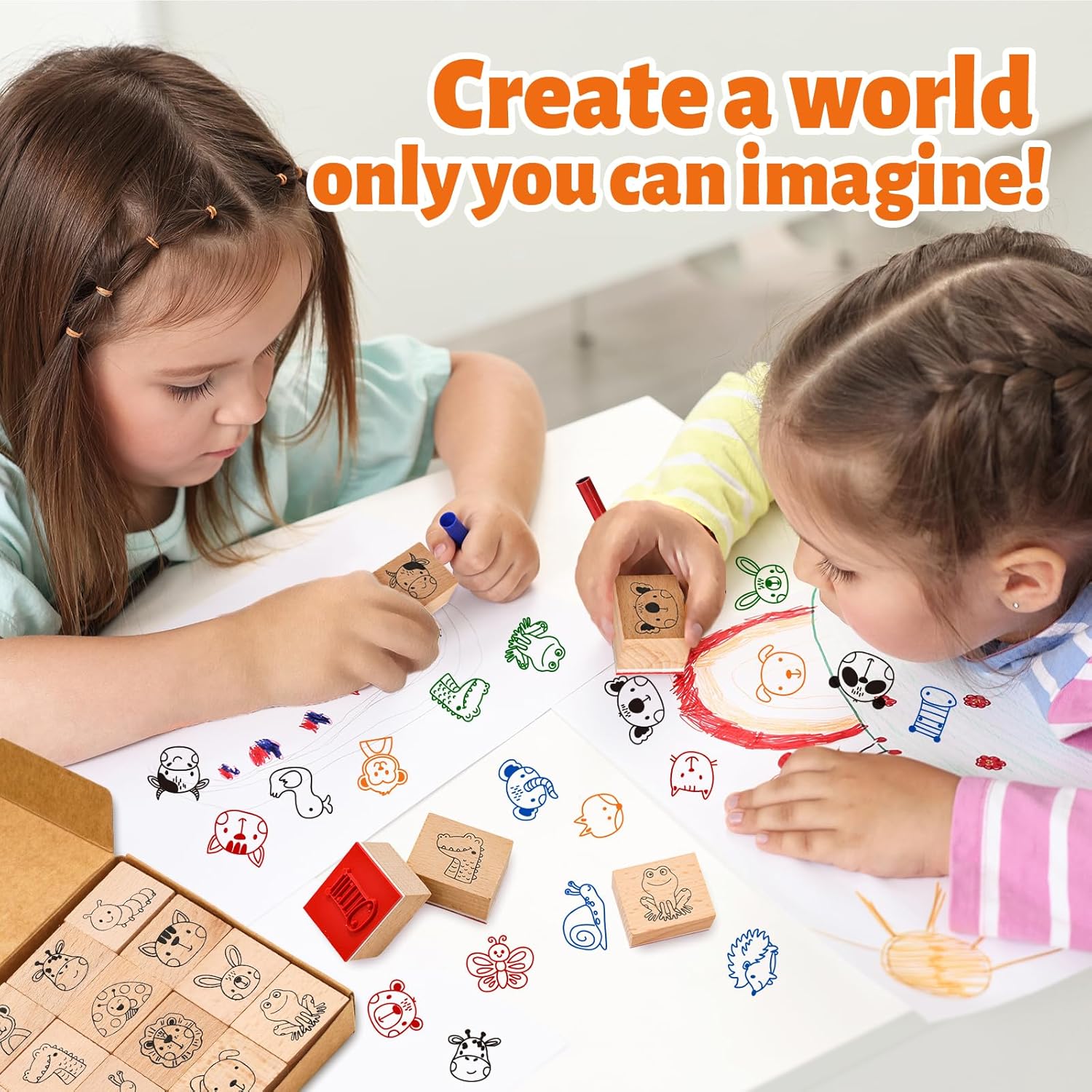 Whaline 29 Pcs Cartoon Animal Wooden Rubber Stamps with Ink Pads Cute Cartoon Pattern DIY Craft Stamps for Party Decor Scrapbooking Cards Making