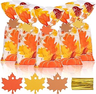 Whaline 120Pcs Fall Cellophane Bags with 120Pcs Gold Twist Ties and 120Pcs Maple Leaf Tags Autumn Candy Cello Bag Plastic Pumpkin Treat Goodie Bag for Thanksgiving Party Favor Autumn Party Supplies