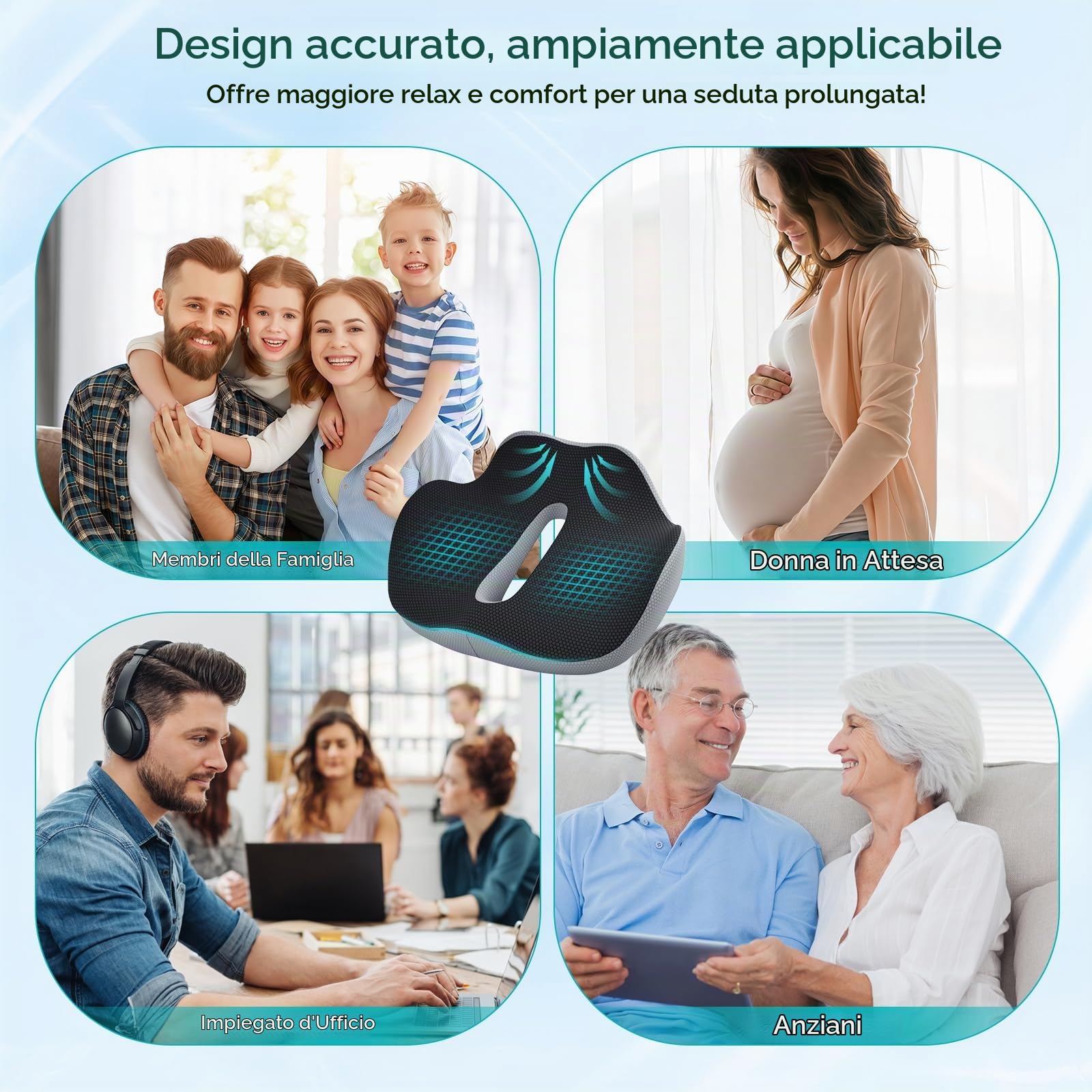 Cuscino Sedia Ufficio Auto XXL, 50x40x10cm, Sedia Ergonomica con Maniglia a Fori, Cuscino Memory Foam Ortopedico, Antidecubito, Traspirante, Cuscino Ciambella per Coccige Rotelle Gioco Rilievo