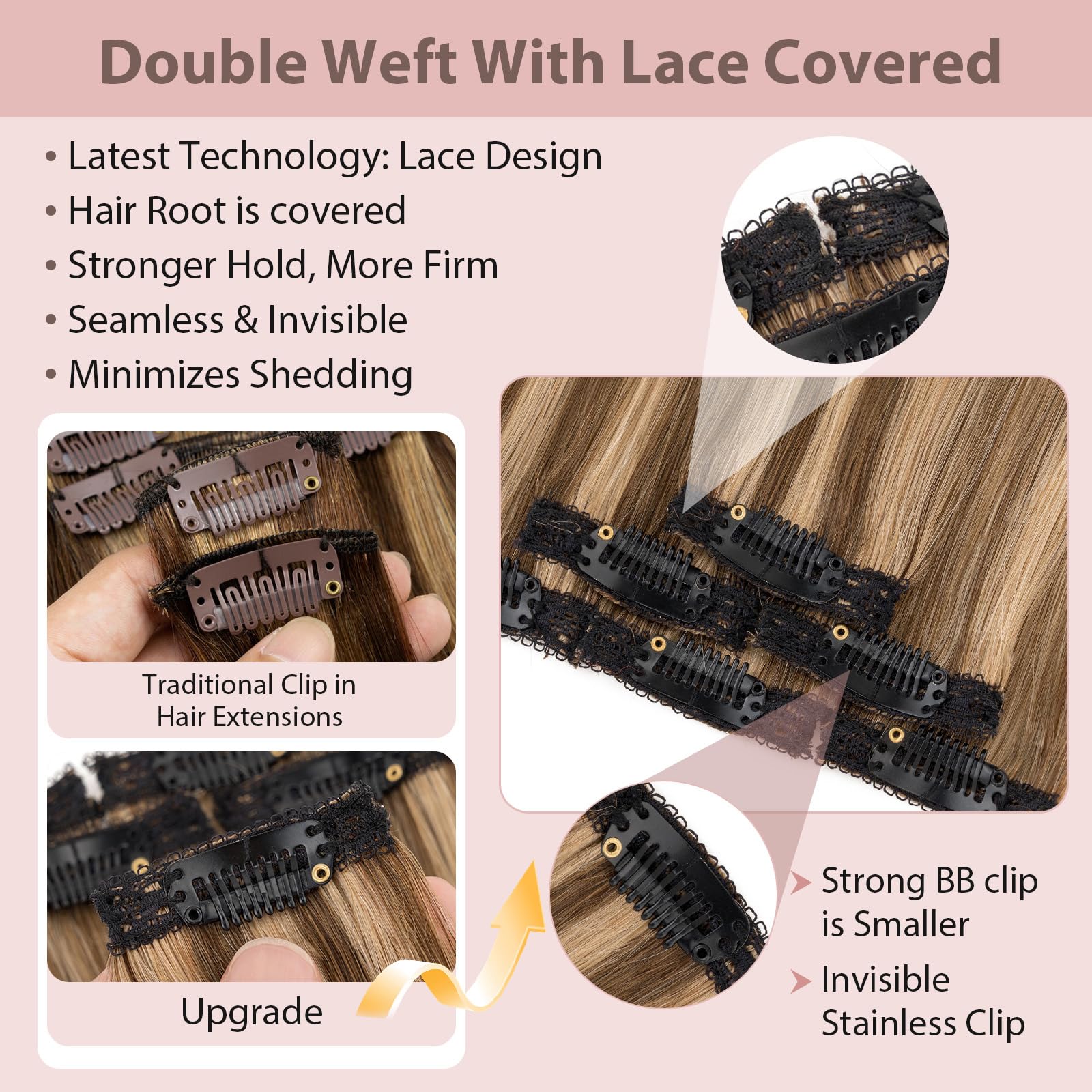 Silk-co Clip in Hair Extensions Real Human Hair Extension Double Weft With Lace Coverd Clip in Silky Straight Very Thin Highlight efffect for Women 6PCS 6Clip 12In #4P27 Medium Brown&Dark Blonde 33g - Image 2