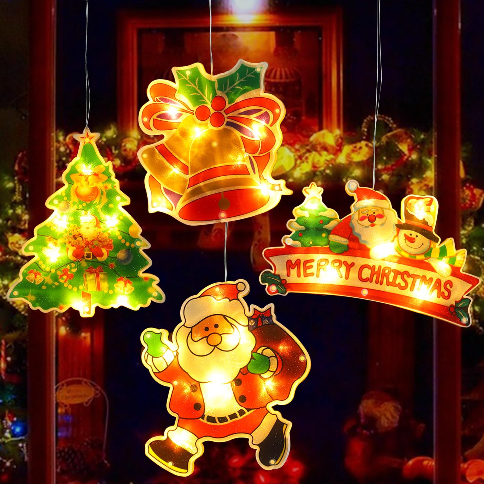 Christmas Window Decorations,4PCS Christmas Window Lights Battery Powered Indoor Lights with Suction Cup,Timer for New Year,Home,Party?Jingle Bell &Xmas Tree &Santa Claus&Merry Christmas?