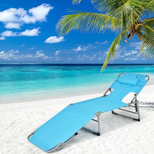 Miniatura 7 de GYMAX Silla bronceadora, tumbona de playa plegable con agujero para el brazo facial, respaldo ajustable, bolsillo lateral, almohada extraíble y asa