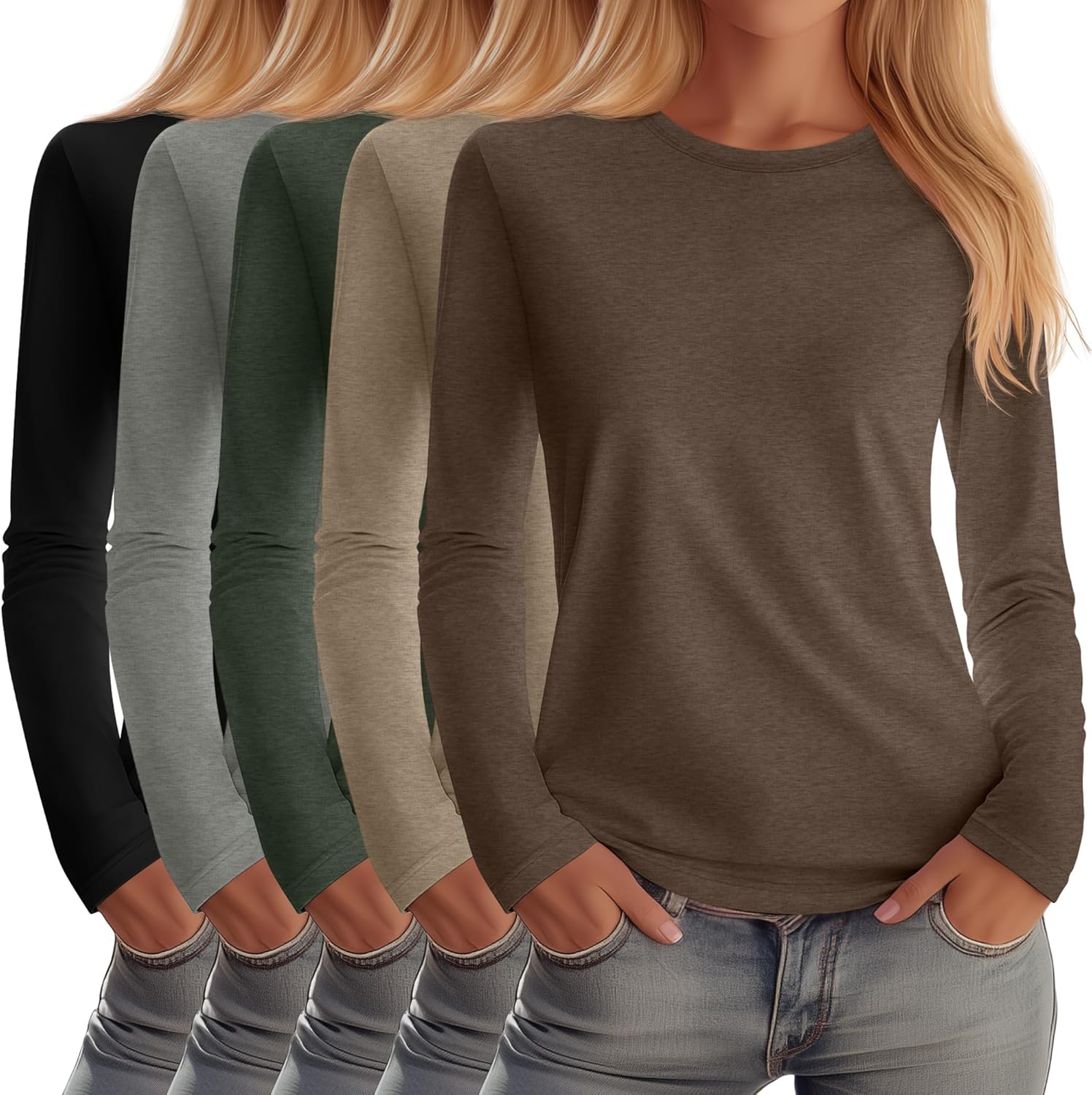 Huukeay 5 Pack Women's Crew Neck Long Sleeve Shirts, Cotton Blend Casual Clothes Workout Basic Layering Tee Tops Multipack