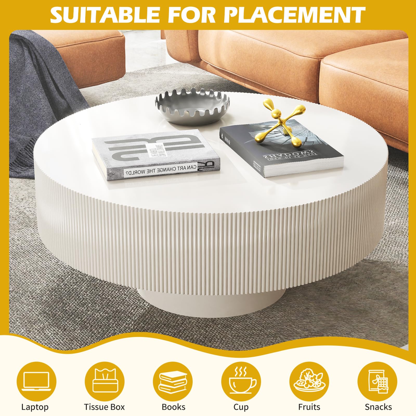 Table Basse Ronde Moderne, avec Bords plissés et Plateau Large, Tambour, Forme Champignon Stable et Basse avec Design linéaire, Design cannelé, Table pour Salon, Bureau (Blanc, 78.5cm)