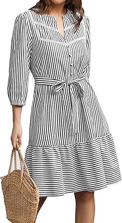 Women's V-neck button-down striped shirt dress_CWDSD11635 main image 0