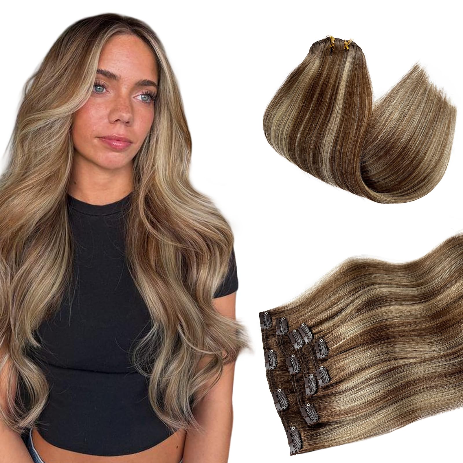 Clip in Hair Extensions Balayage Chestnut Brown and Beige Blonde 12 Inch Short Straight Human Hair Extensions Clip ins Ombre Brown to Blonde Balayage