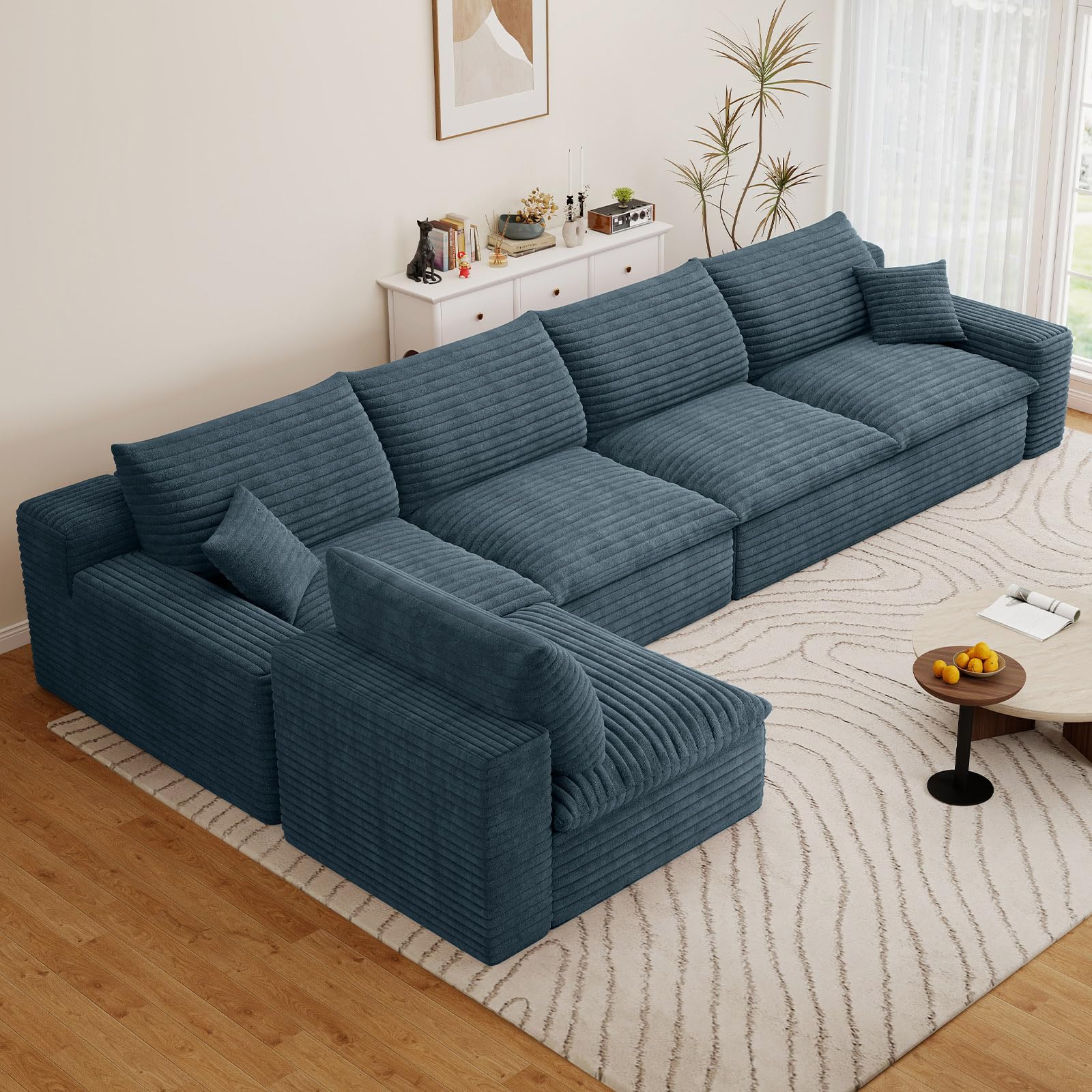 136" Cloud Couch Modular Sectional Sofa for Living Room, L-Shape Boneless Couch with Deep Seat, Modern Corduroy 5-Seater, No Assembly Required,Blue