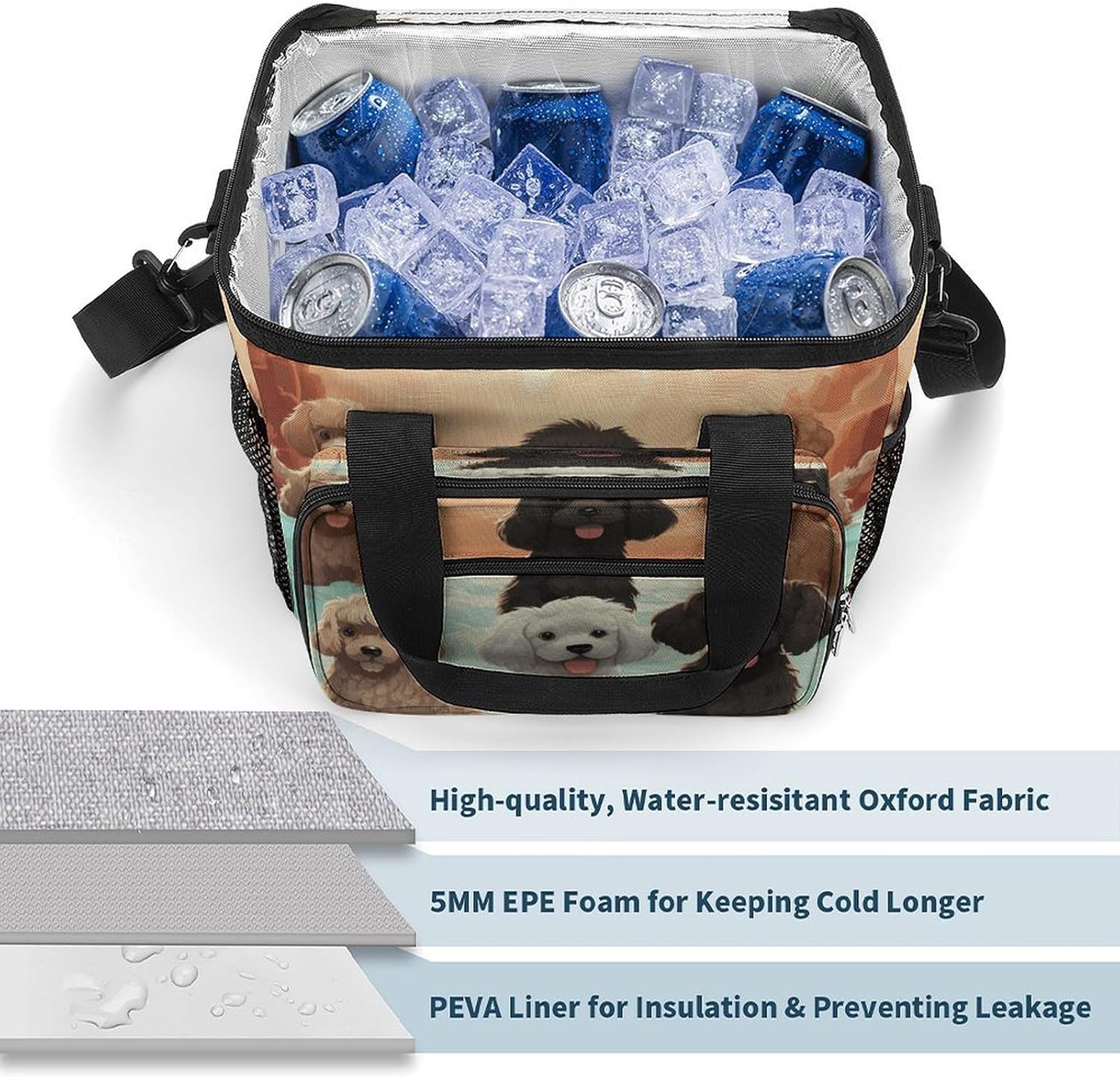 Poodles Dogs Cooler Bag Portable Insulated Lunch Bags Leakproof Ice Chest Large Capacity Soft Cooler Tote for Picnic Camping Work Travel Keep Food Drinks Fresh 22.5L