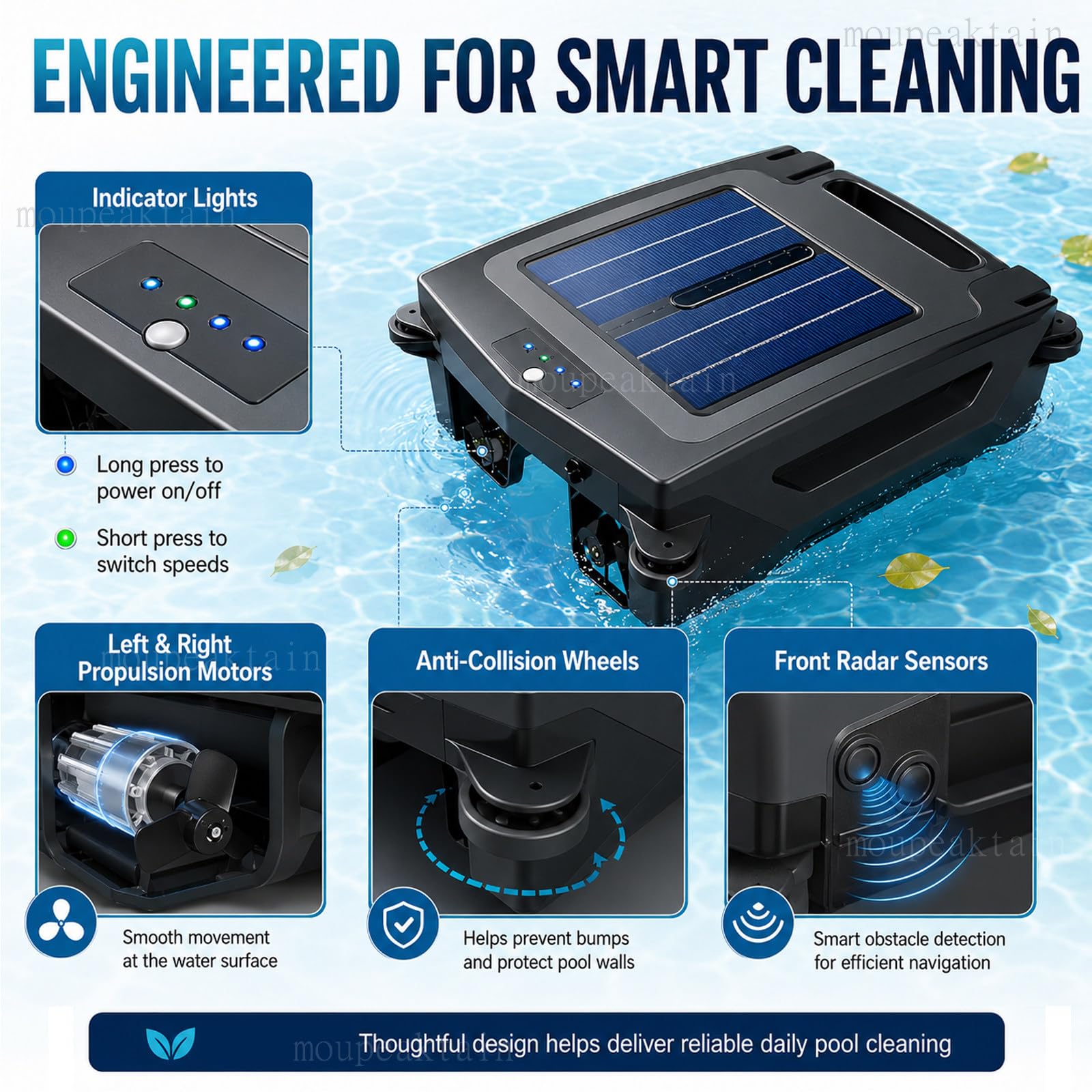 Robot Skimmer Solar para Piscinas, Skimmer Piscina Sin Cable para Hojas E Insectos, Control por App, 2 Modos De Velocidad, Cesta De 4,1L, Detección por Radar, para Piscinas De hasta 80m²