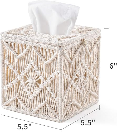 Miniatura 7 de Mkono 2 piezas de macramé caja de soporte de pañuelos y soporte de perfume de maquillaje cesta de organizador