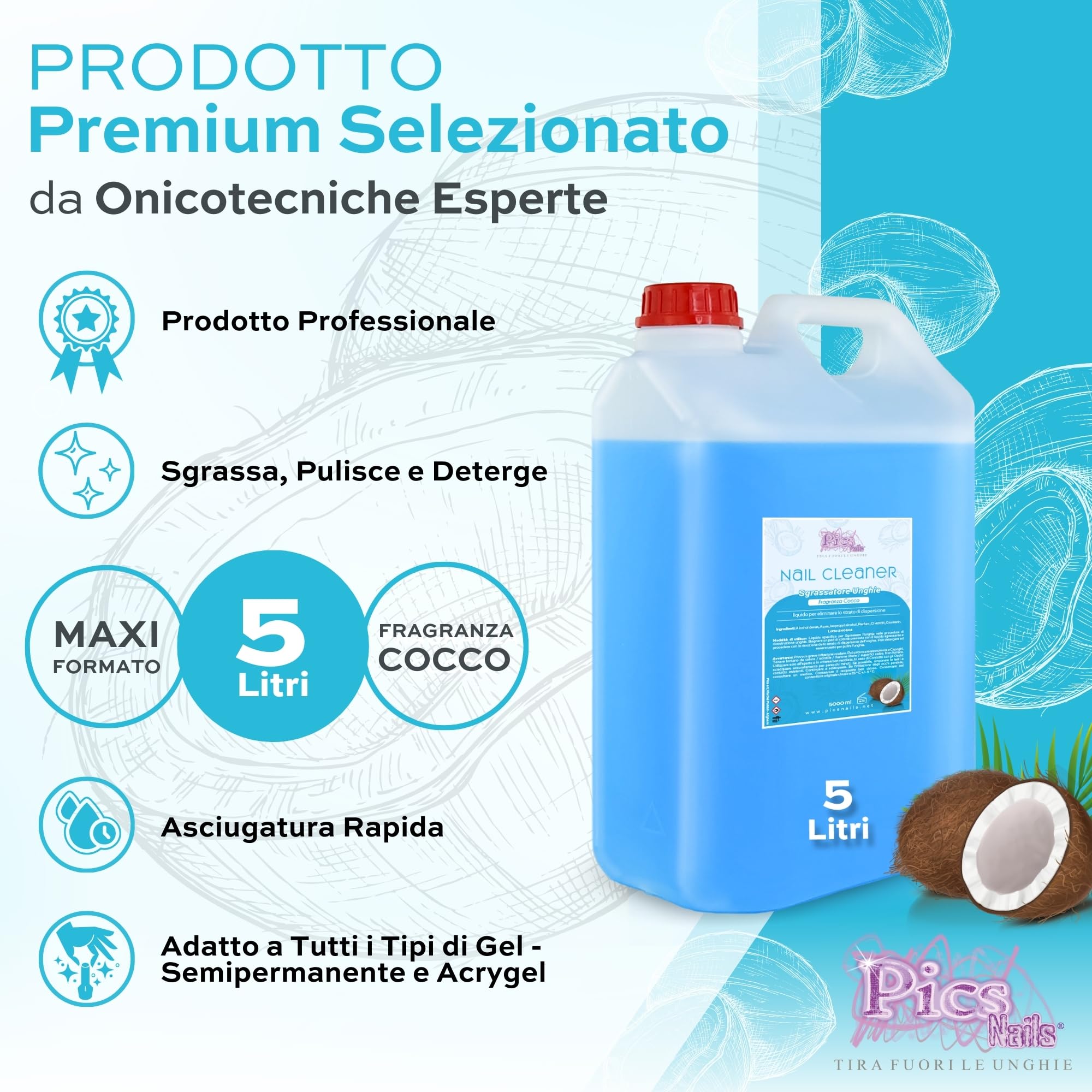Cleaner Unghie Sgrassatore Gel 5 L. - MAXI - Nail Cleaner Sgrassante per Unghie Professionale Ideale per Pulizia Unghie e Rimozione dello Strato di Dispersione (Appiccicoso) (5 Litri, Cocco)
