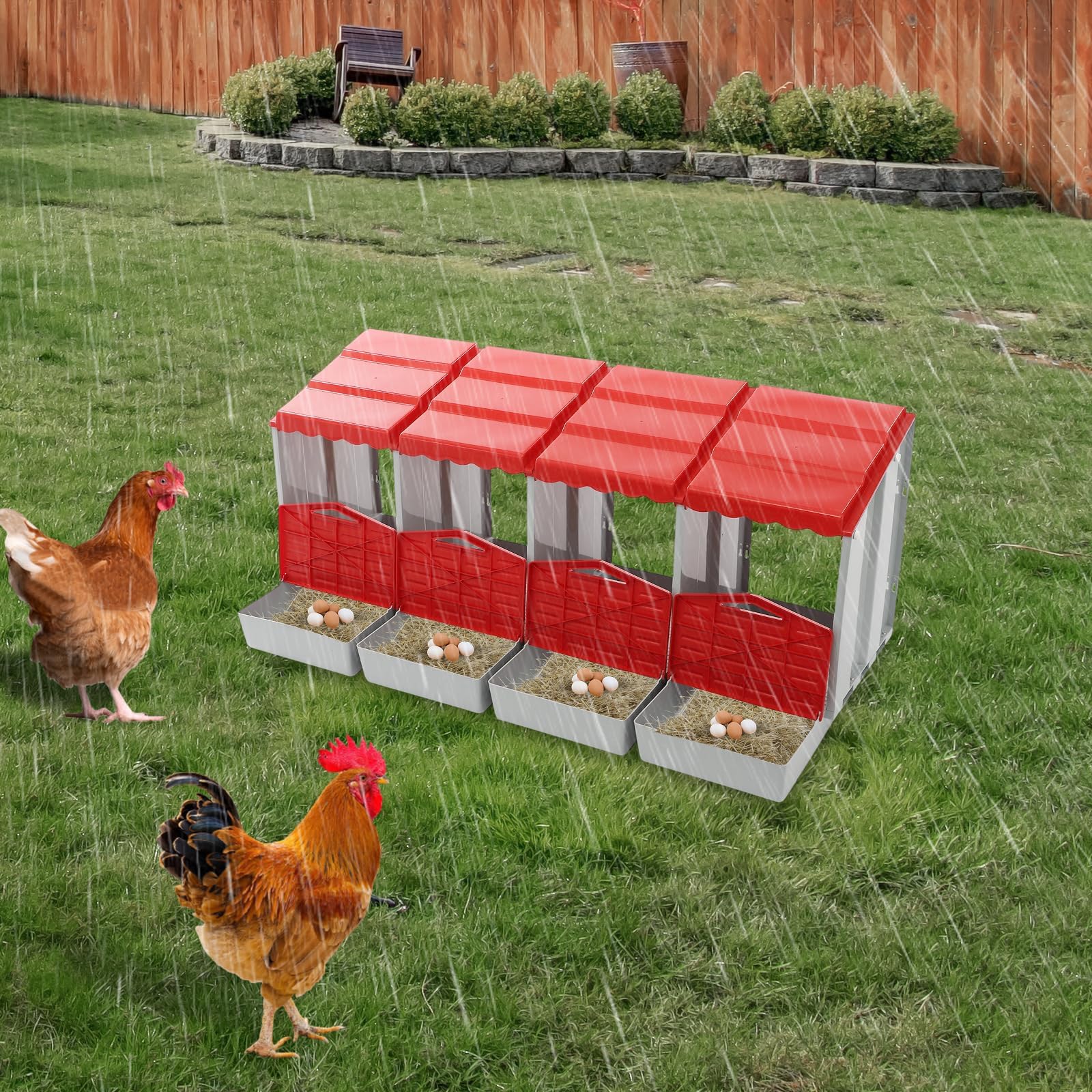 Nido per galline ovaiole 4 scomparti in plastica, pollaio per galline da esterno con tetto spiovente, raccolta uova facile, pollaio per 4-6 galline, montaggio a parete o da terra