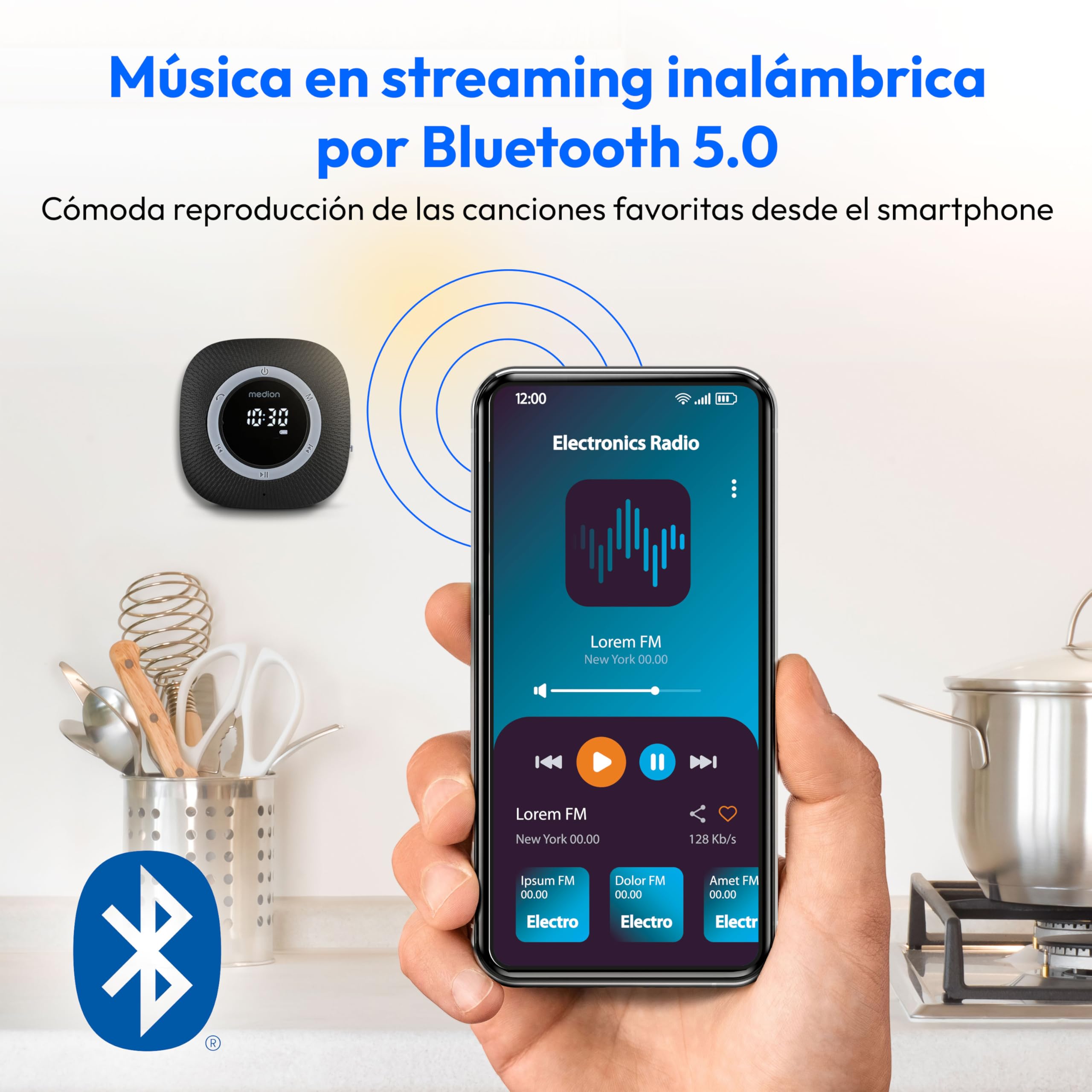 MEDION P66096 Radio de Ducha con Bluetooth (Radio de baño, Radio FM, Ventosa, Pantalla LED, Impermeable IPX6, batería Recargable integrada, MD43884) Negro
