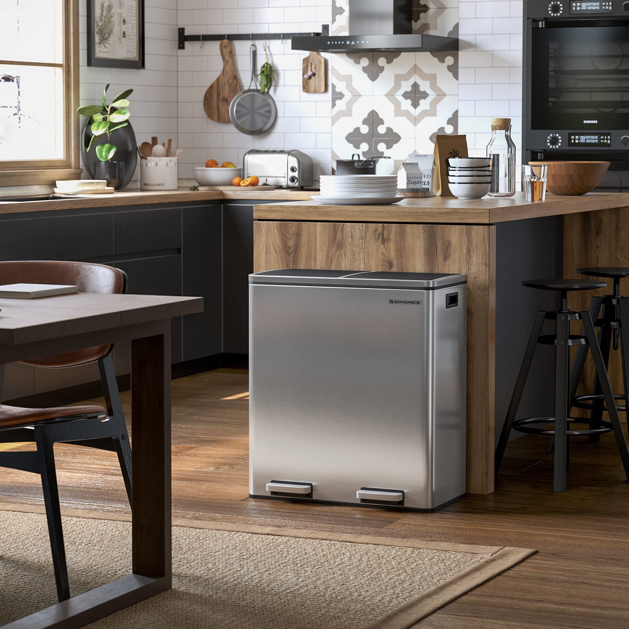 SONGMICS Dual Trash Garbage Can, 16 Gal (60L) Rubbish Bin and 15 Trash Bags, Metal Step Bin