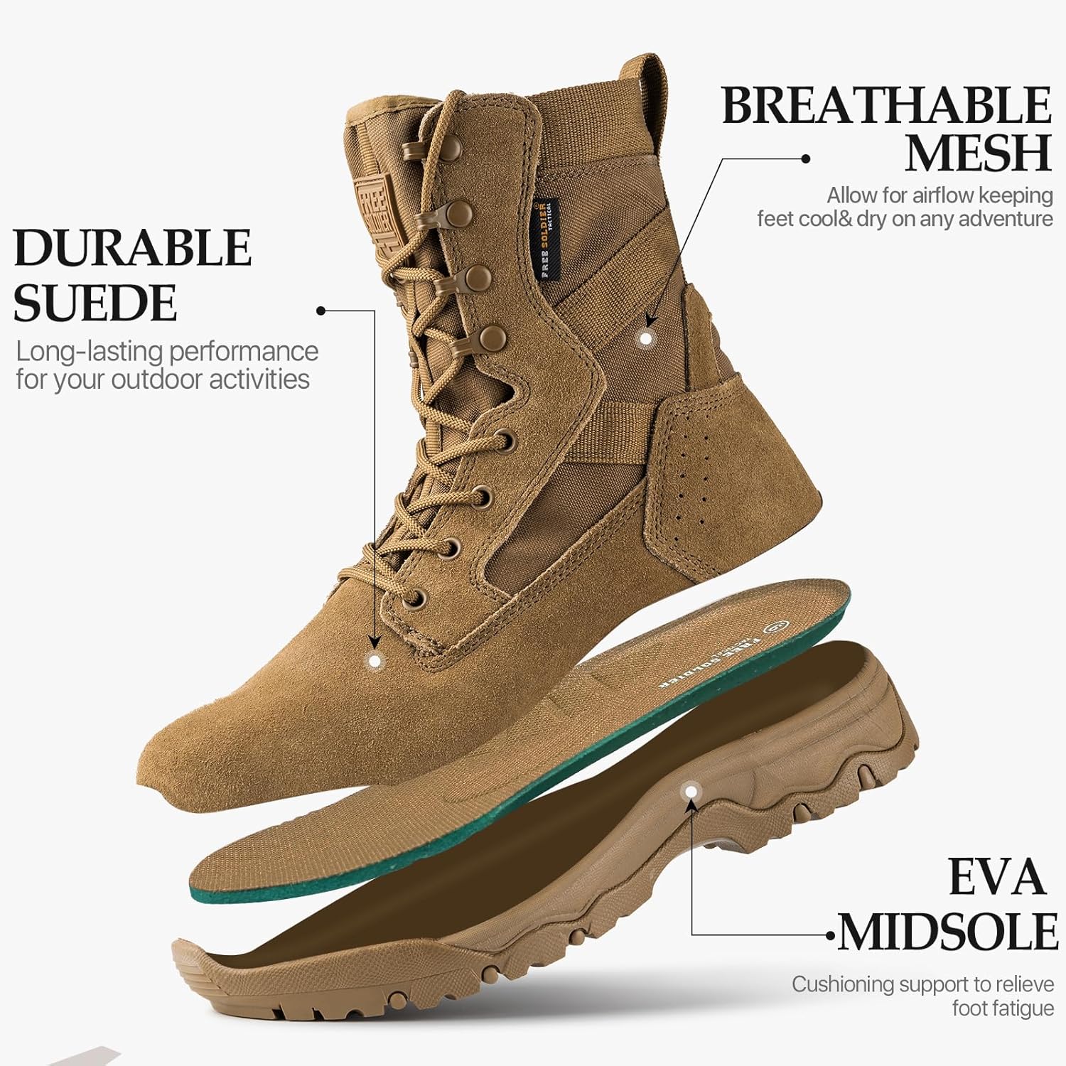 FREE SOLDIER Men's Work Tactical Boots 8 Inches Lightweight Combat Boots Durable Suede Leather Military Boot Desert Boot - Image 5