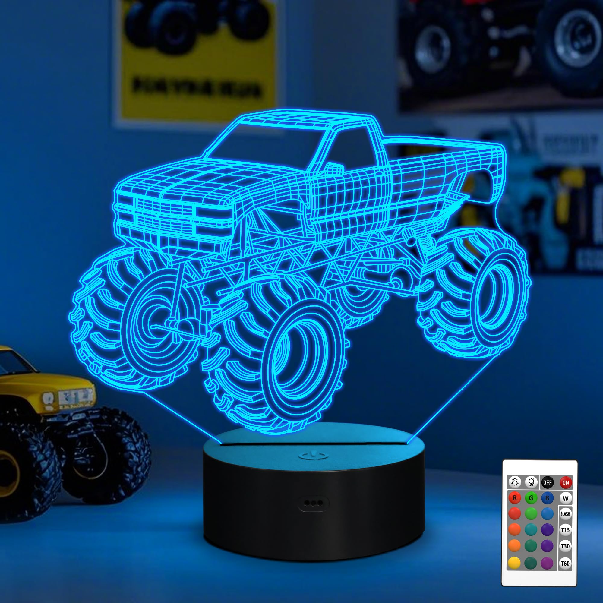 – 3D Night Lights for Children, Kids Night Lamp, Monster Trucks for Boys, 16 LED Colors Changing Lighting, Car Shape Acrylic Lighting Table Desk Bedroom Decoration, Ideas Birthday Xmas