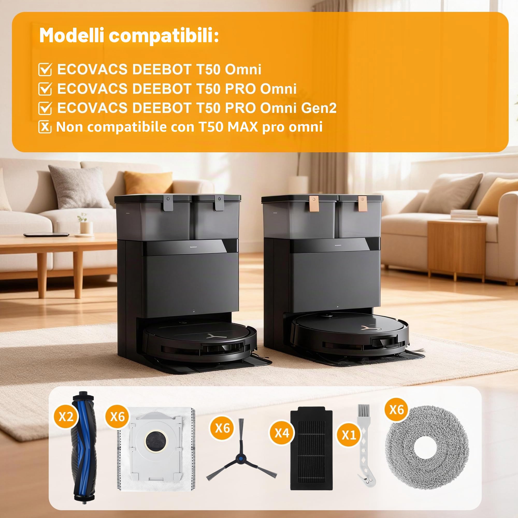 25 Pezzi Accessori per Ecovacs Deebot T50 Omni/T50 Pro Omni/T50 Pro Omni Gen2, Kit Ricambi per Aspirapolvere Robot con Spazzole, Filtri Hepa, Panni Mocio e Sacchetti Polvere
