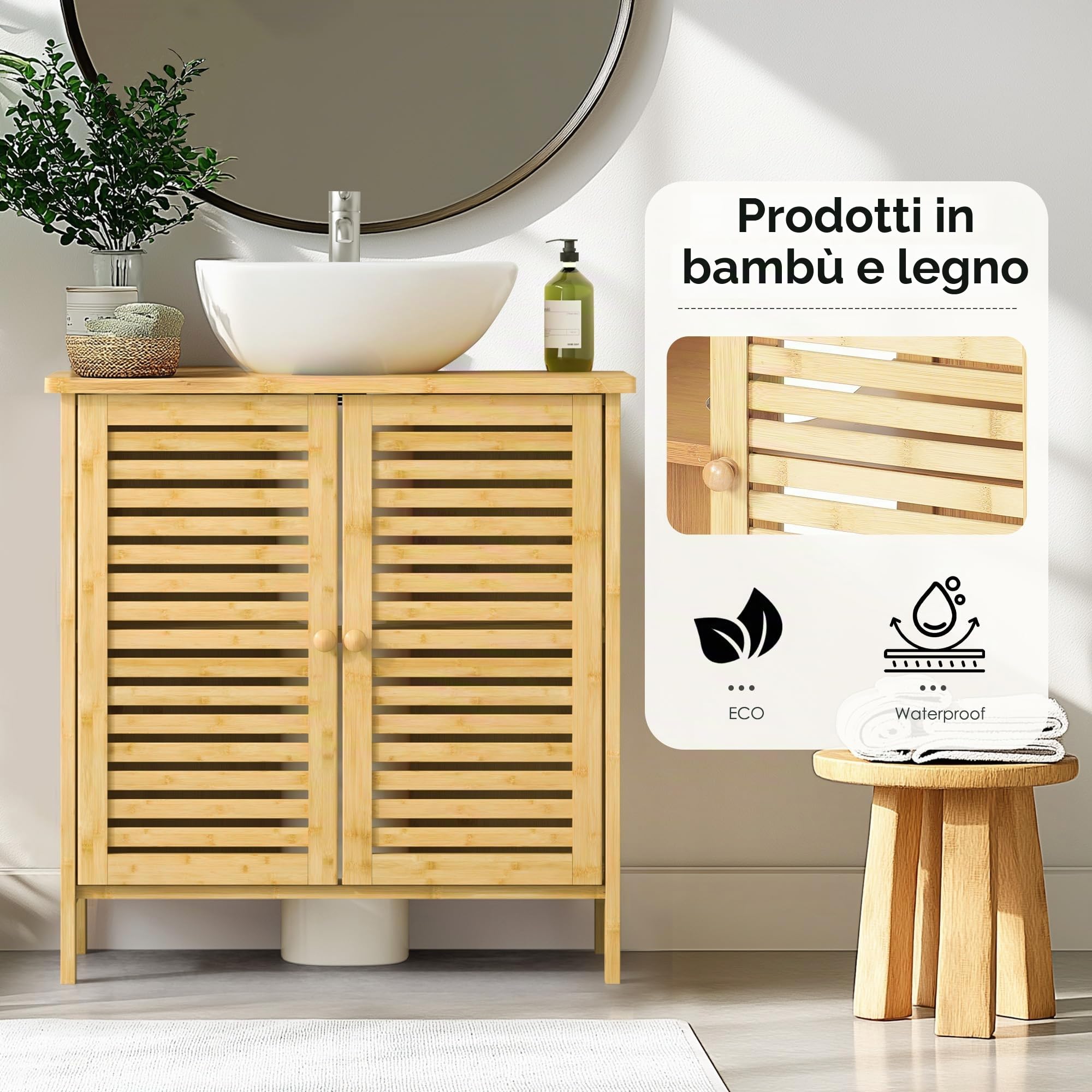 SogesPower Mobile sottolavabo in bambù, mobile sottolavabo con ante e ripiani, mobiletto per lavabo, mobile da bagno, mobili da bagno per il bagno