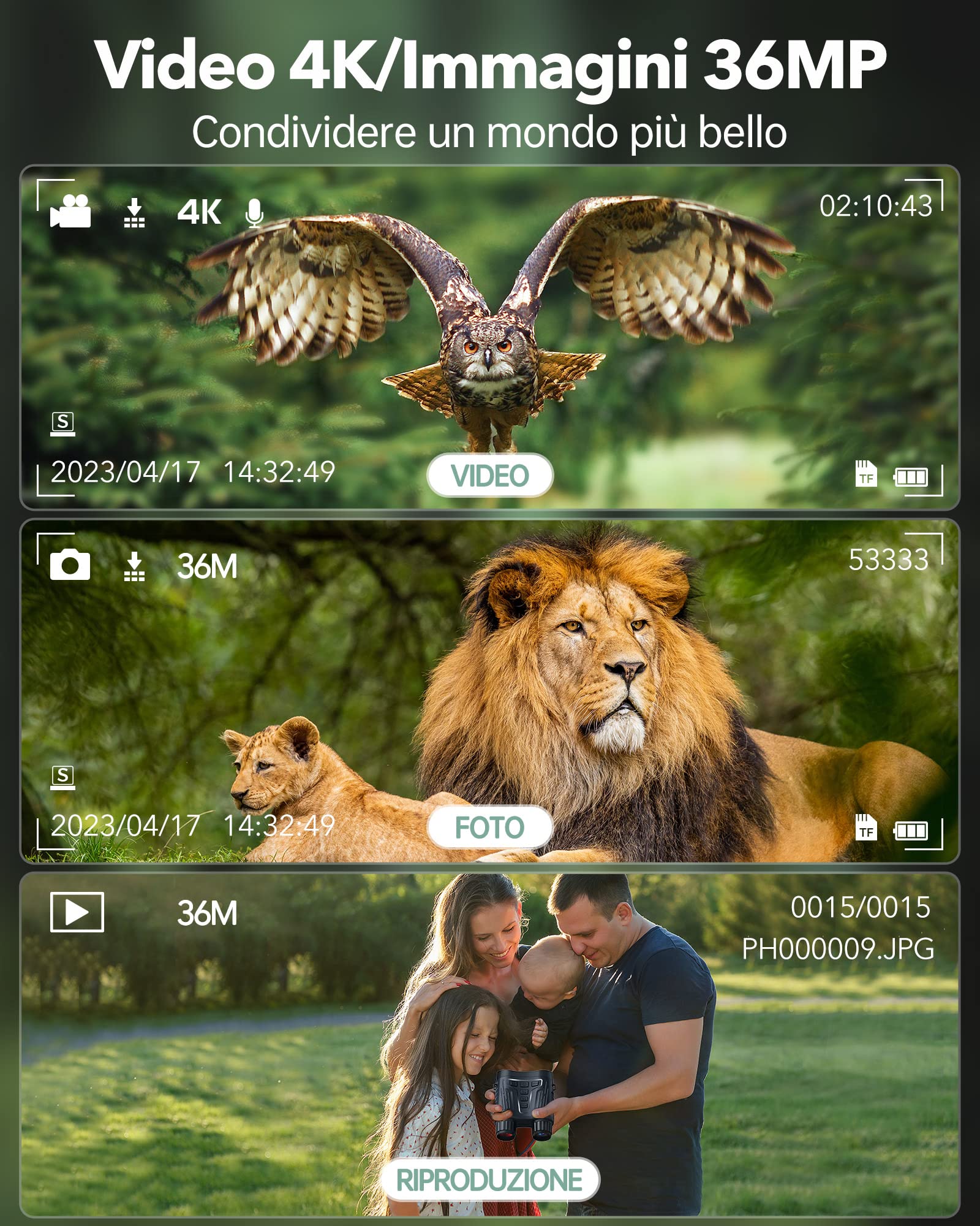 Letcmoi Binocolo Visione Notturna - 7L Infrarossi Visibili 300M al 100% di Oscurità con Zoom Digitale 8X, Ricaricabile da 2600 mAh, con Scheda TF 32GB, per la Caccia, per Adulti