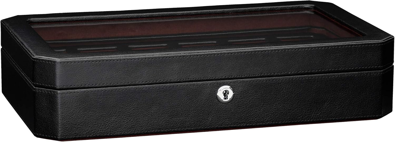 ROTHWELL 12 Slot Leather Watch Box - Luxury Watch Case Display Organizer, Microsuede Liner, Locking Mens Jewelry Watches Holder, Men's Storage Boxes Holder Large Glass Top (Black Red)