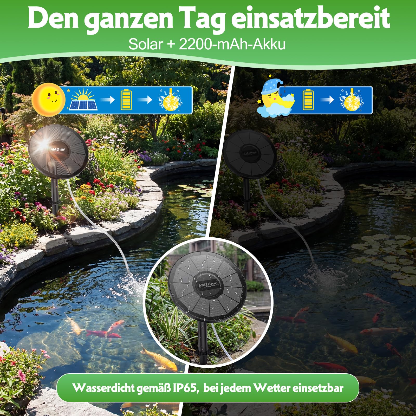 AMZtime 3W Solar Teichbelüfter mit 2200 mAh Akku, Integriertes Teichbelüfter Sauerstoffpumpe mit rundem Solarpanel, Sauerstoff Luftpumpe Teich 2 Modi 2 Luftsteine für Gartenteich, Angeln