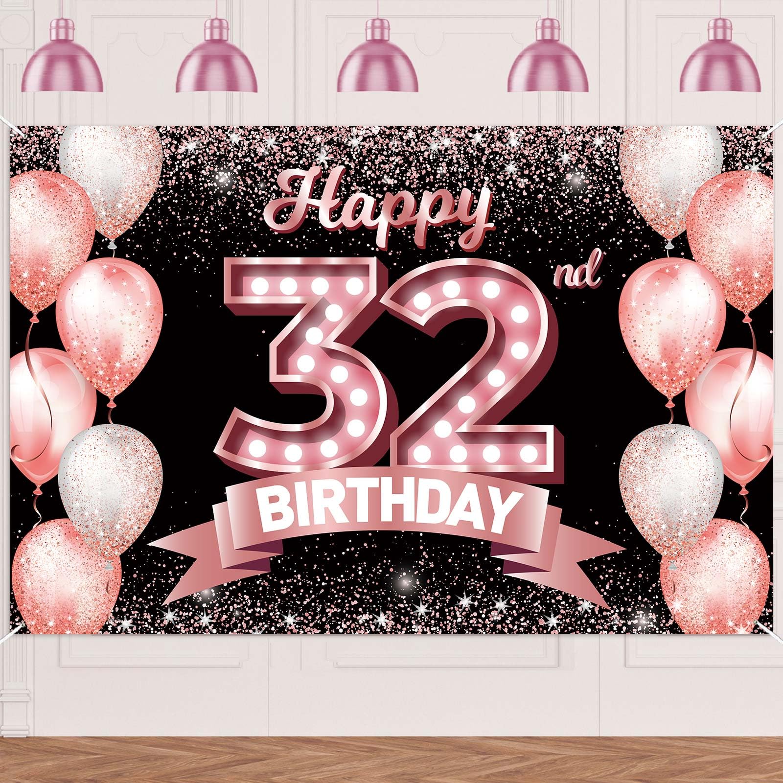 Happy 32nd Birthday Rose Gold Banner Backdrop Cheers to 32 Years Old Confetti Balloons Theme Decor Decorations for Women 32 Years Old Pink Birthday
