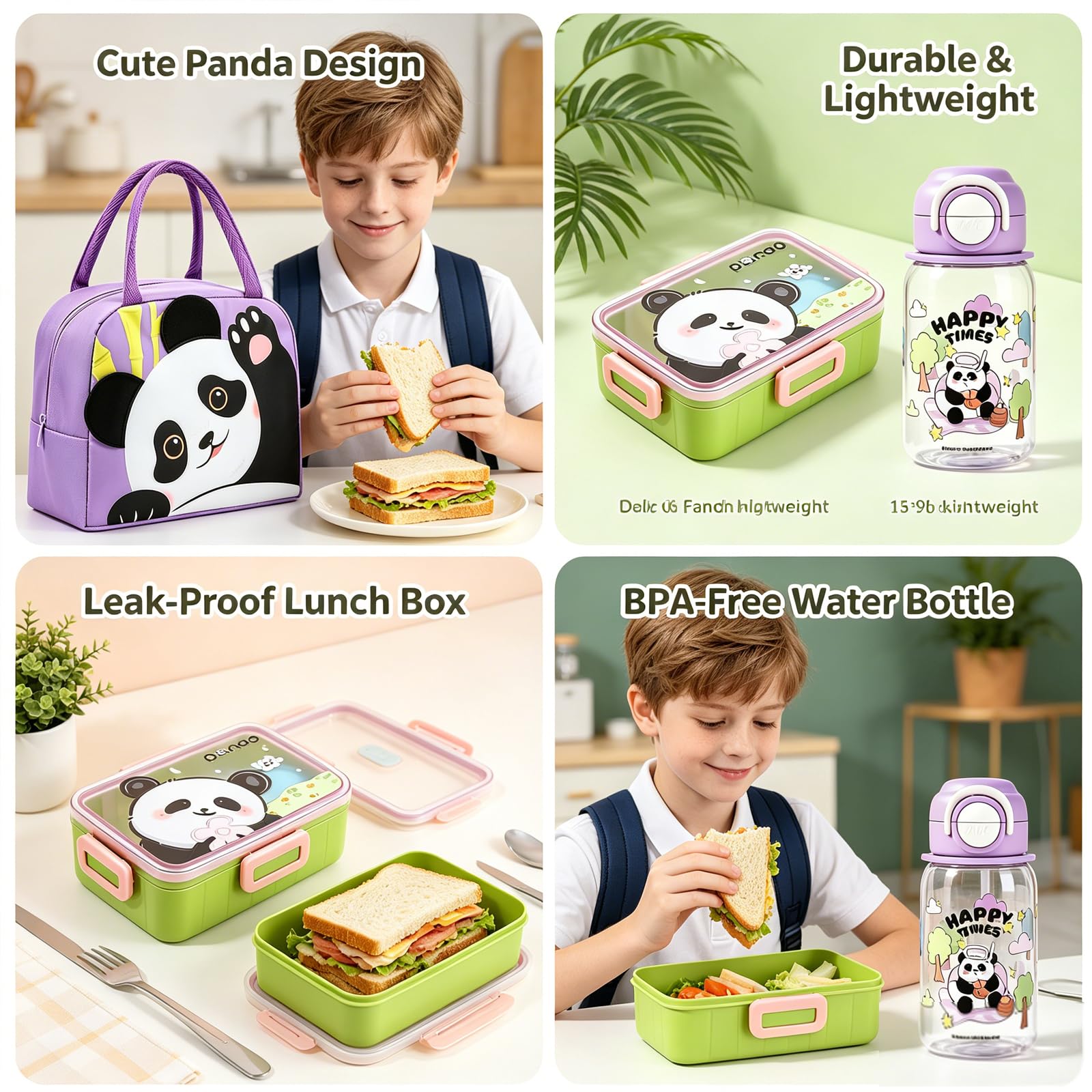 Panda Fiambrera Bento,600ml Bento Lunch Box con Compartimentos,Bolsa Térmica Aislada de Aluminio y Panda Botella de Agua 620ml con Pajita,Cubiertos Caja para Picnic Viajes Trabajo (púrpura)