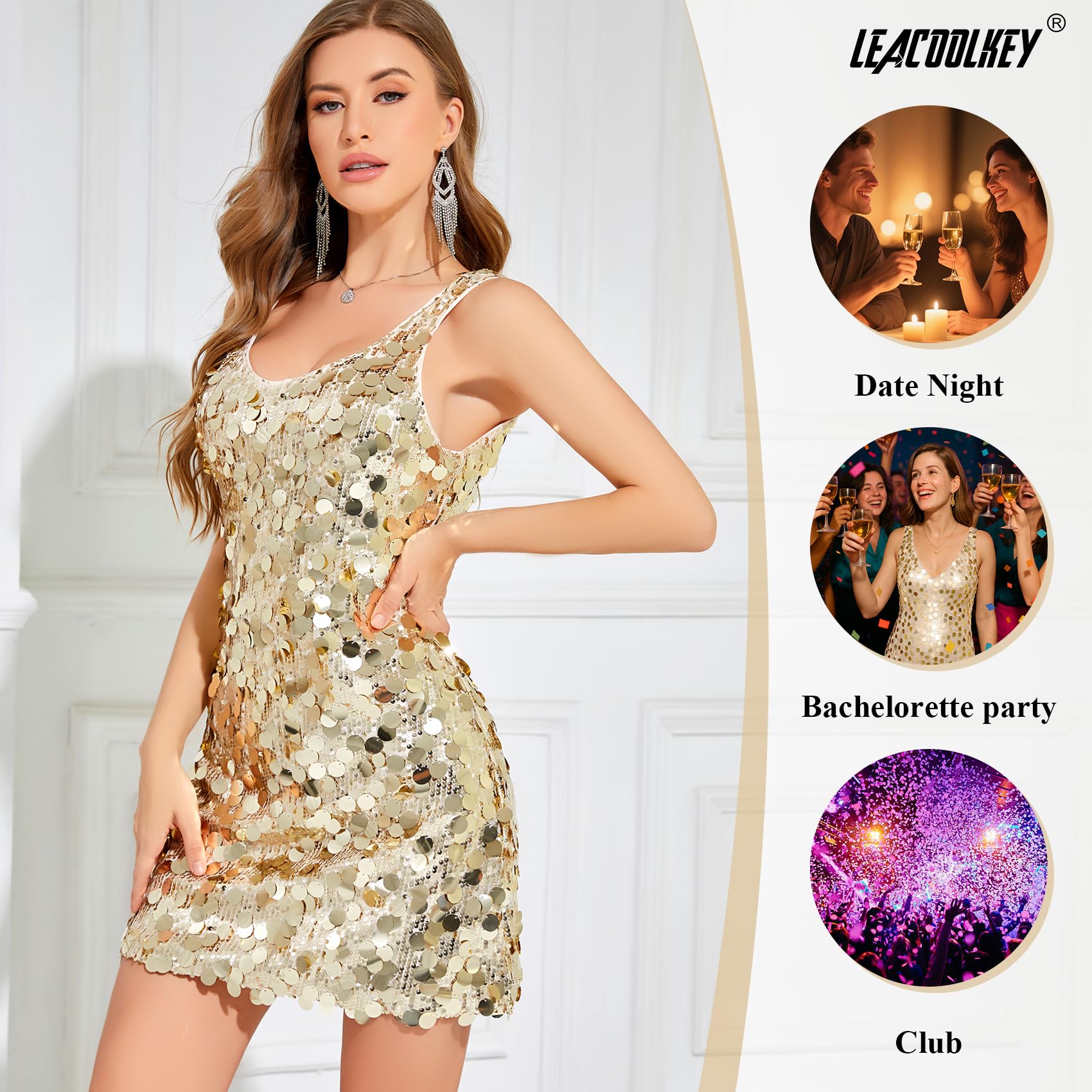 LEACOOLKEY Vestido de lentejuelas para mujer, con cuello en V brillante, sin mangas, vestido de cóctel, discoteca, fiesta, club, noche