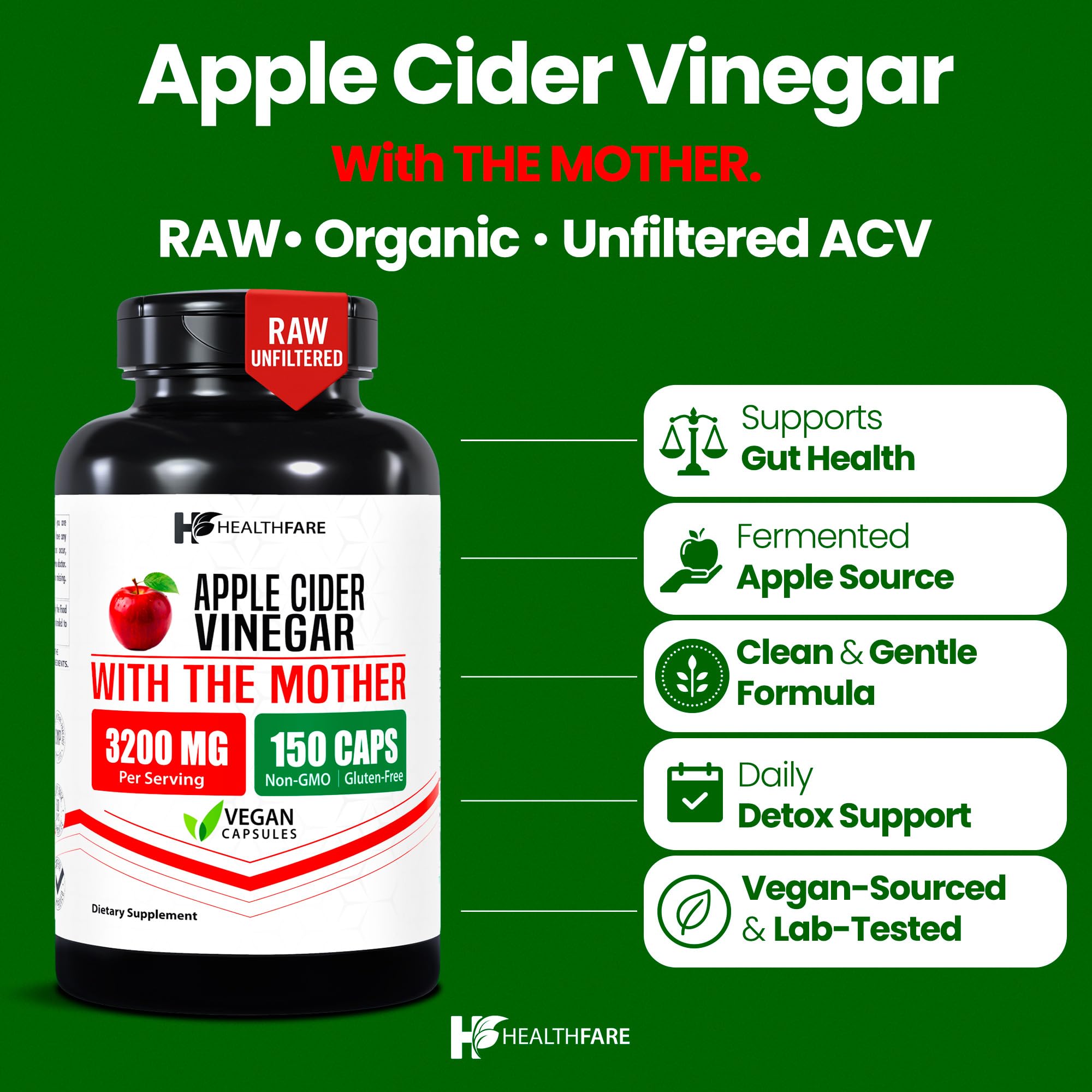 HealthFare Apple Cider Vinegar Capsules with the Mother | Raw, Organic & Unfiltered ACV | 150 Vegan Pills | Maximum Strength Supplement for Detox & Digestion | Non-GMO, Gluten-Free, Made in USA — Amazon image 2