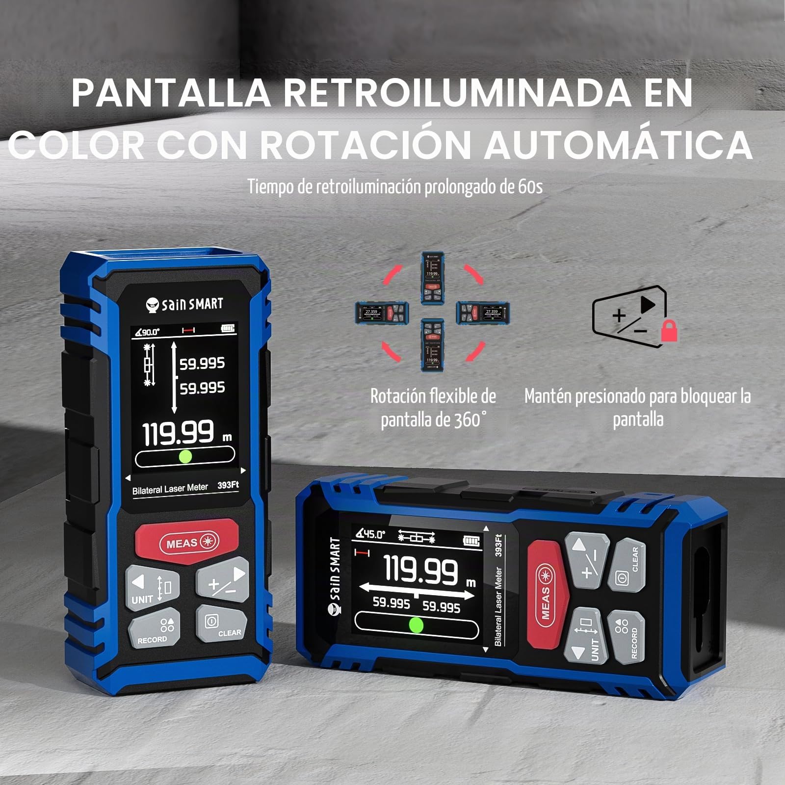 Medidor láser Doble SainSmart, medidor de Distancia Bilateral de 120 m con Pantalla LCD retroiluminada, medidor láser Recargable, Sensor de Longitud, área, Volumen y ángulo