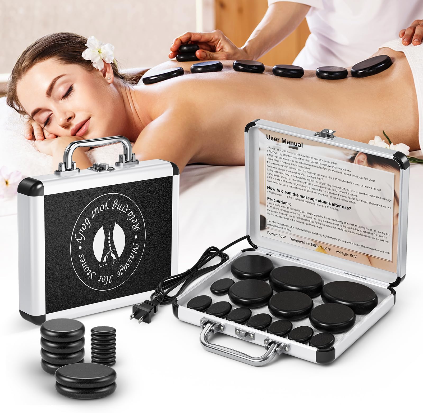 Hot Stones Massage Set, 14Pcs Basalt Portable Stone Kit with Warmer, Professional Rocks for Home Spa Warming Therapy Relaxing Pain Relief