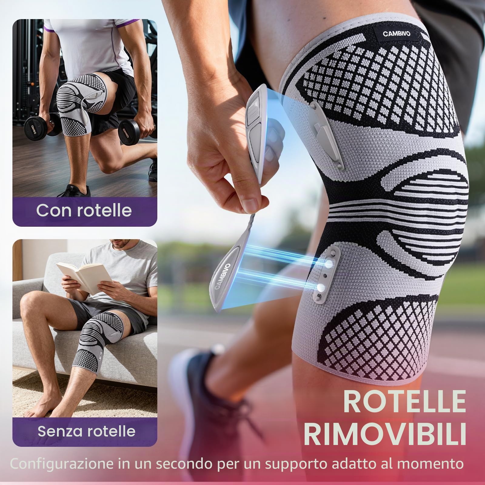 Ginocchiera Ortopedica con Supporti Rimovibili - Stabilizzatori Laterali Magnetici, Cuscinetto in Gel Rotuleo, Tutore Ginocchio a Compressione, Antiscivolo, per Sport, Palestra, Corsa e Recupero