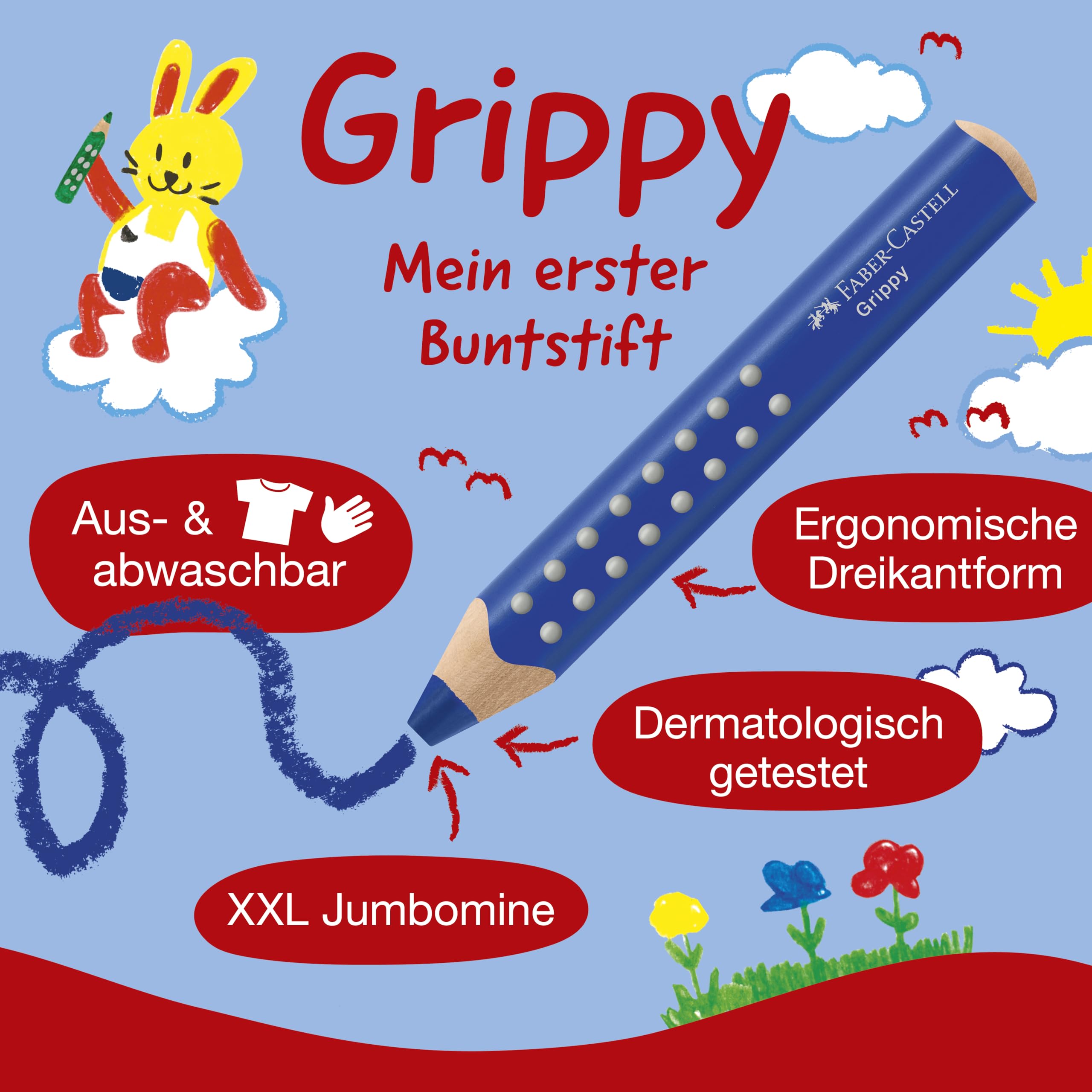 FABER-CASTELL 110645 Grippy zestaw 16 kredek Jumbo dla małych dzieci, łatwe do zmywania kredki dla dzieci, ergonomiczny trójkątny kształt, grube kredki, wkład o grubości 10 mm, temperówka w zestawie