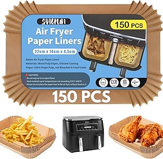 150 PCS Air Fryer Liners for Ninja Dual, Rectangle Air Fryer Accessories, Disposable Air Fryer Parchment Paper Liner, Compatible with Ninja AF300UK, AF400UK, Salter & Other Dual Zone Air Fryer