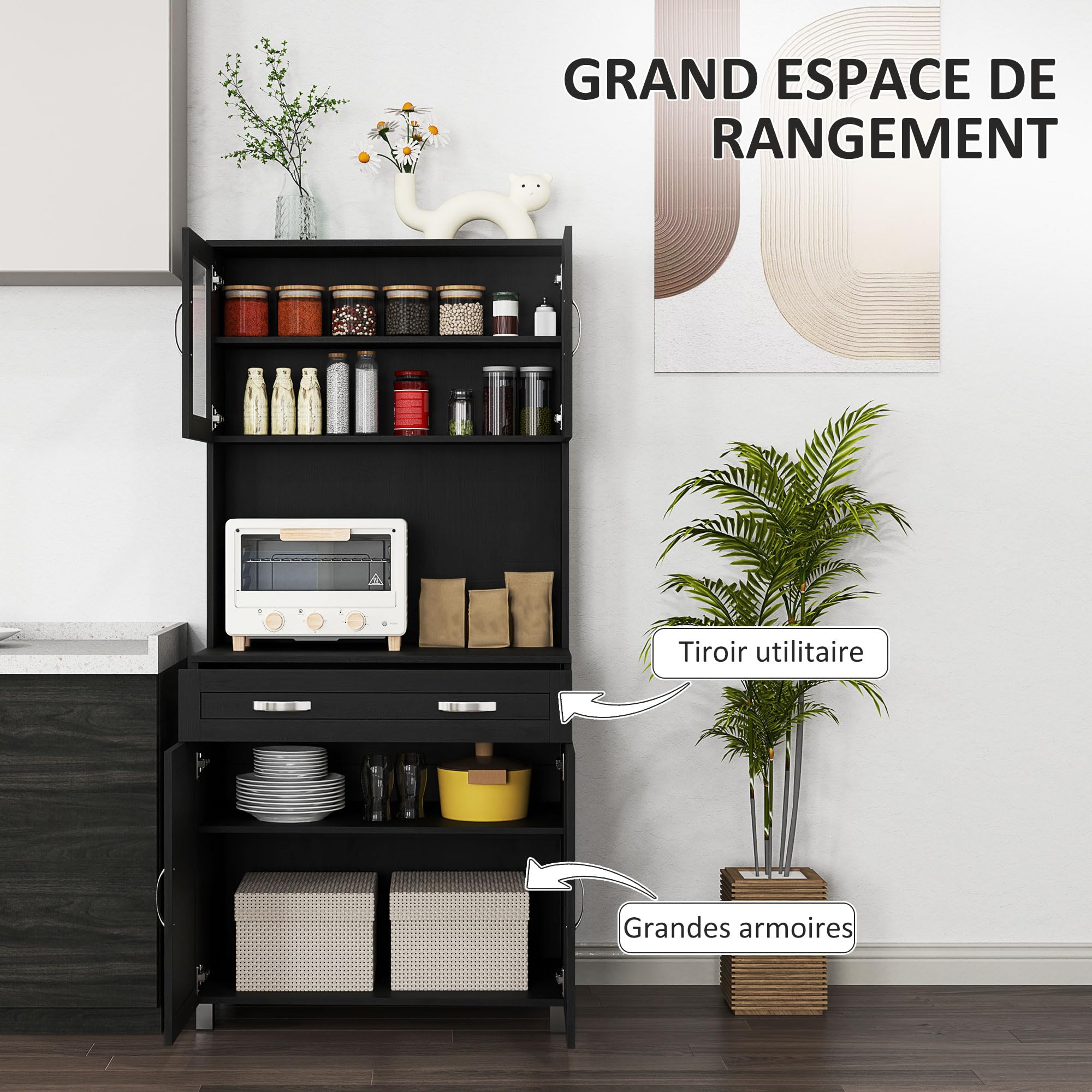 HOMCOM Buffet Haut Cuisine, Armoire de Cuisine, Tiroir, 80x48x170cm, Noir | Vaisselier, 4 Portes Dont 2 en Verre, Plan de Travail, Étagères Réglables, Meuble de Rangement pour Salon Salle à Manger