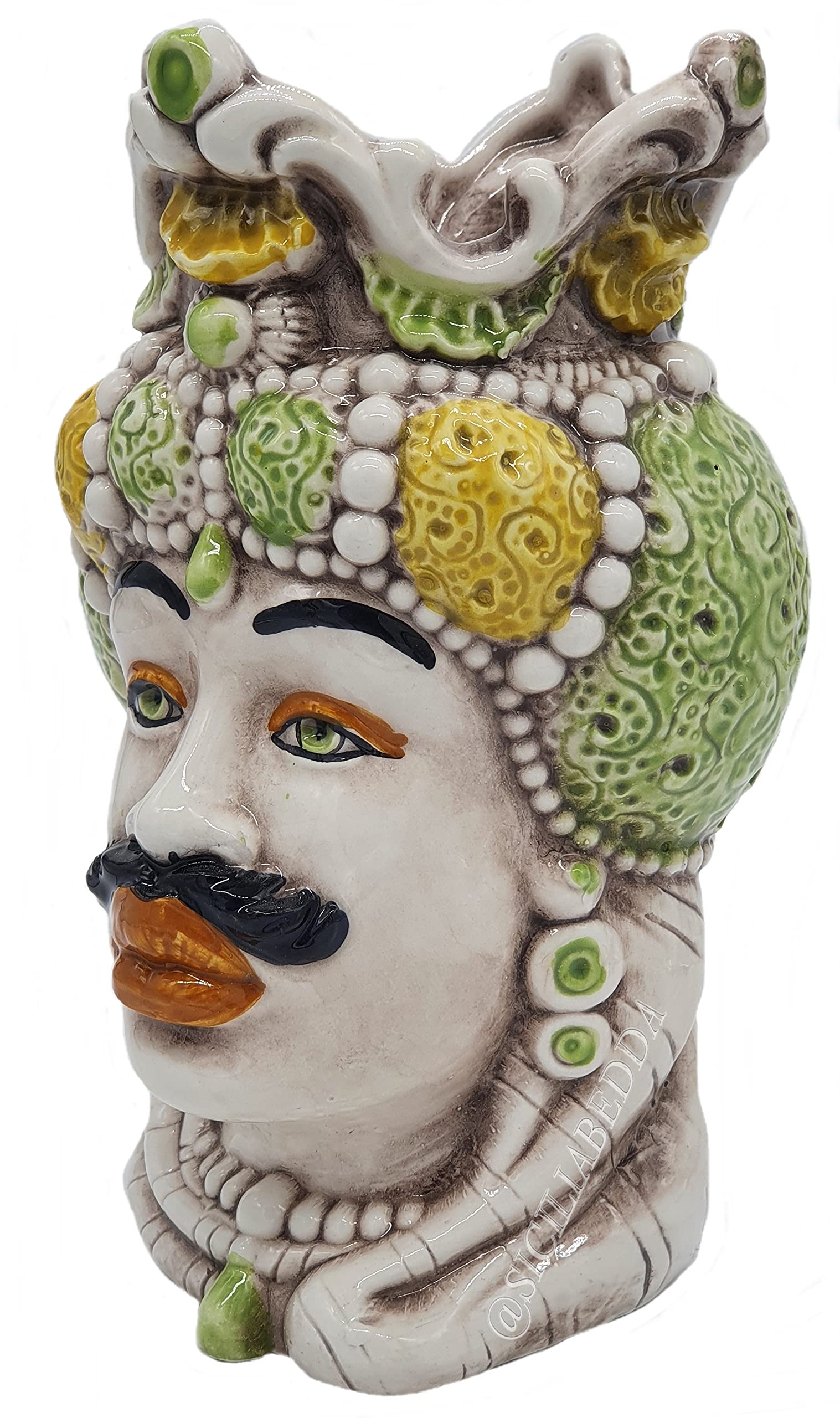 sicilia bedda - Teste di Moro Siciliane in Ceramica di Caltagirone - Realizzato Interamente a Mano - Altezza 18 Centimetri (Testa di Moro Uomo Verde)