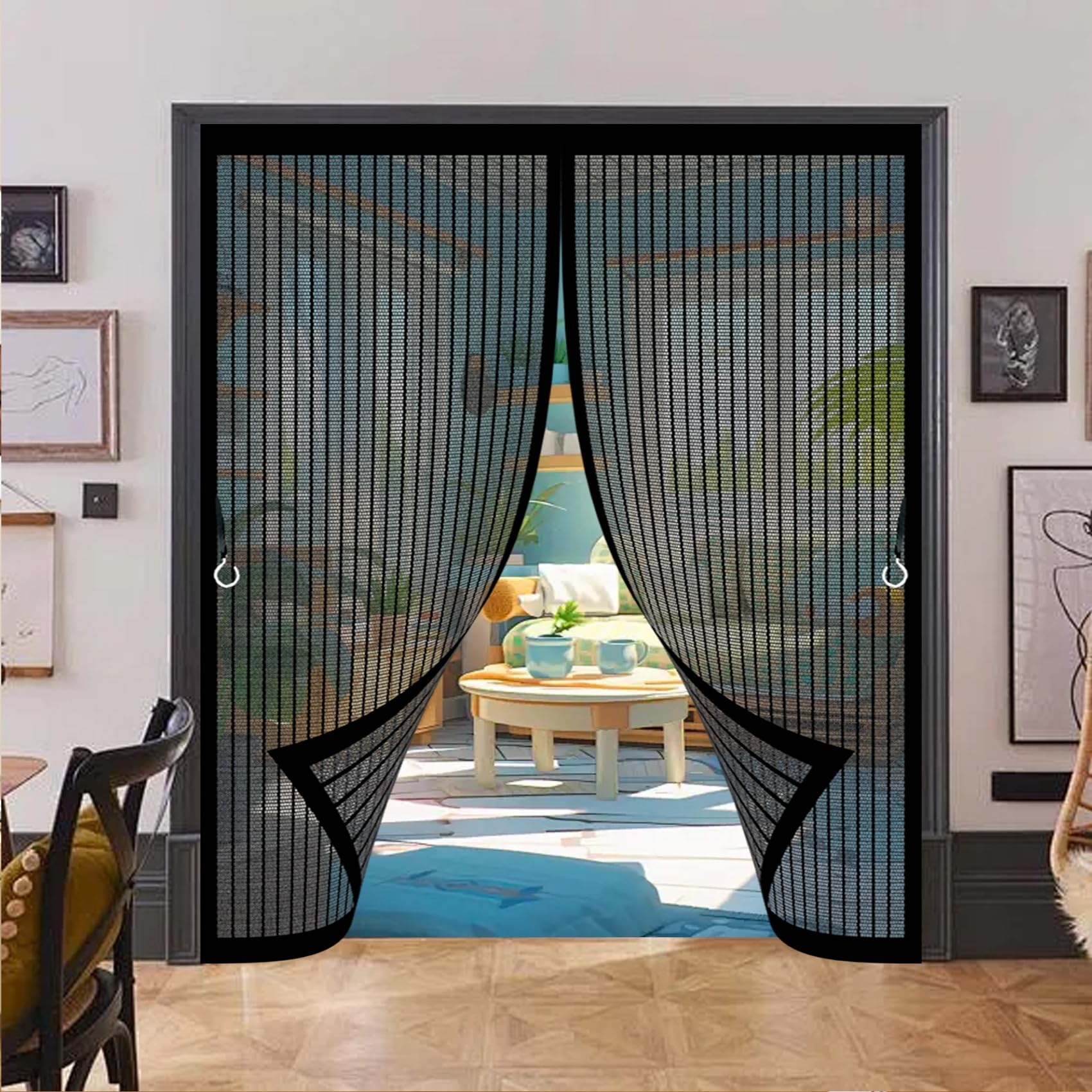 Fly Nets for Doors 134 x 190 cm with Powerful Magnets & Full Frame Magic Tape No Gap, Lets Fresh Air in, Keep Bugs Out Patio Door Nets Insect Mesh for Patio Doors Bedroom, Black