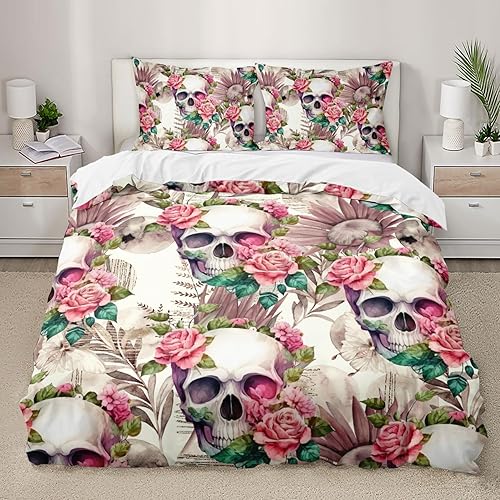 Miniatura 79 de AILONEN Juego de funda de edredón de calavera de azúcar, tamaño Queen, juego de funda de edredón de calavera de rosa roja, juego de ropa de cama