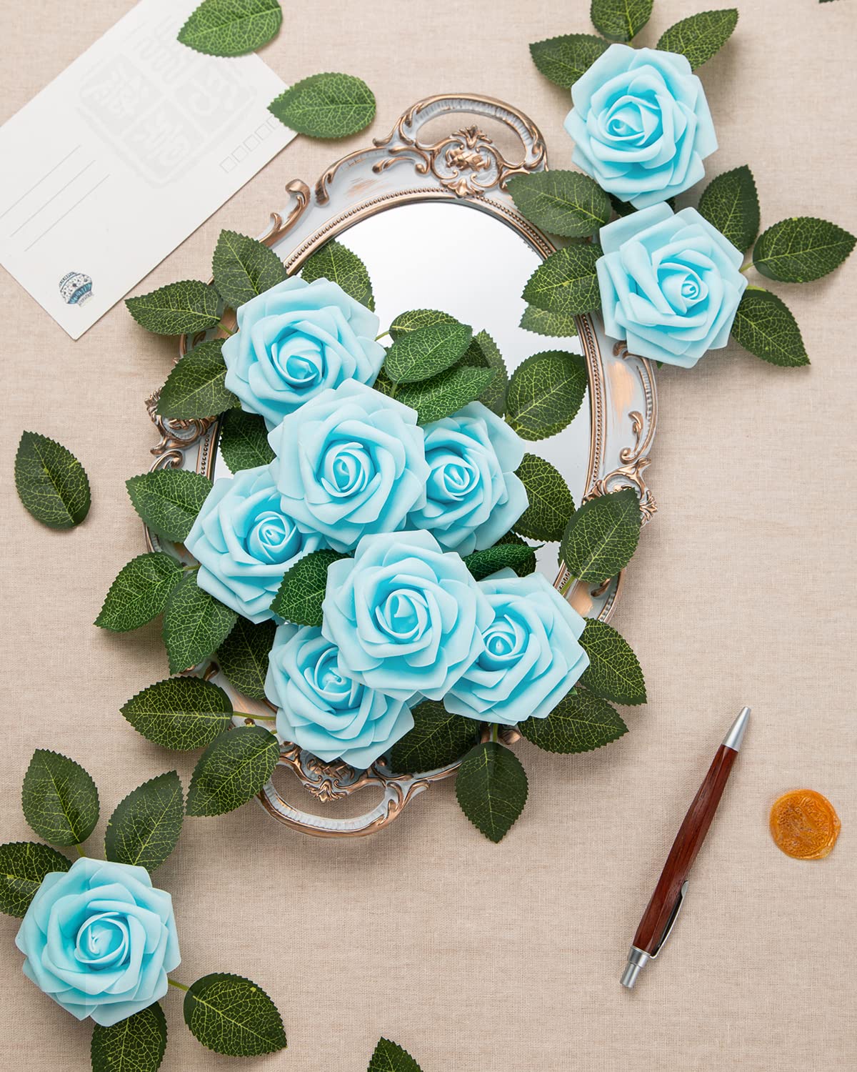 DuHouse 25Pcs Artificial Roses Flowers Fake Rose with Stems Real Touch Foam Flower Head for DIY Wedding Bridal Bouquet Baby Shower Centerpiece Floral Arrangement Party Home Decor(Sky Blue) - Image 4