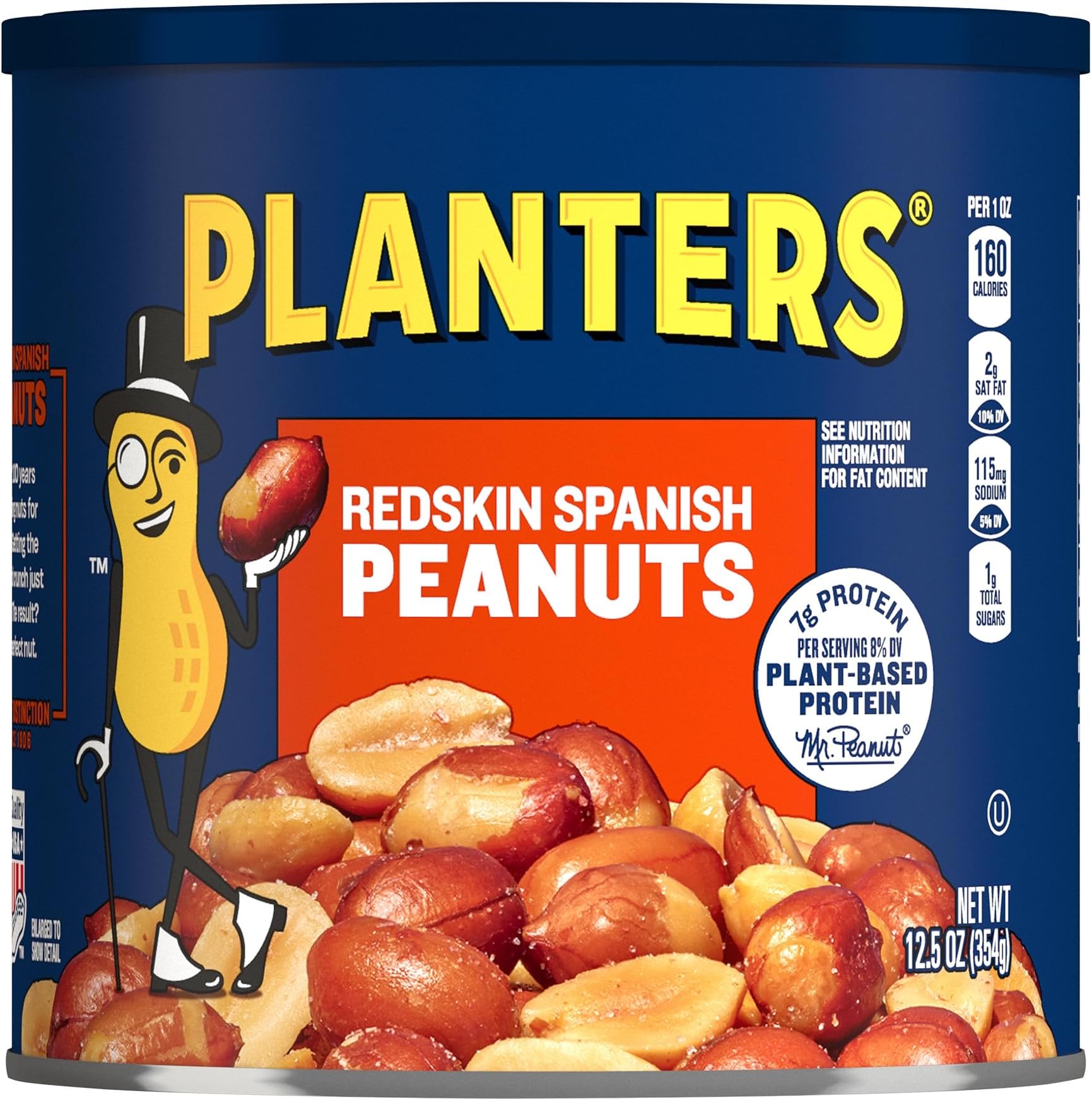PLANTERS Salted Redskin Spanish Peanuts, Plant Based Protein, 12.5 Oz | Roasted Salted Nuts. 0g Trans Fat. Resealable Canister. Snacks for Adults. Party Mix, Party Snacks